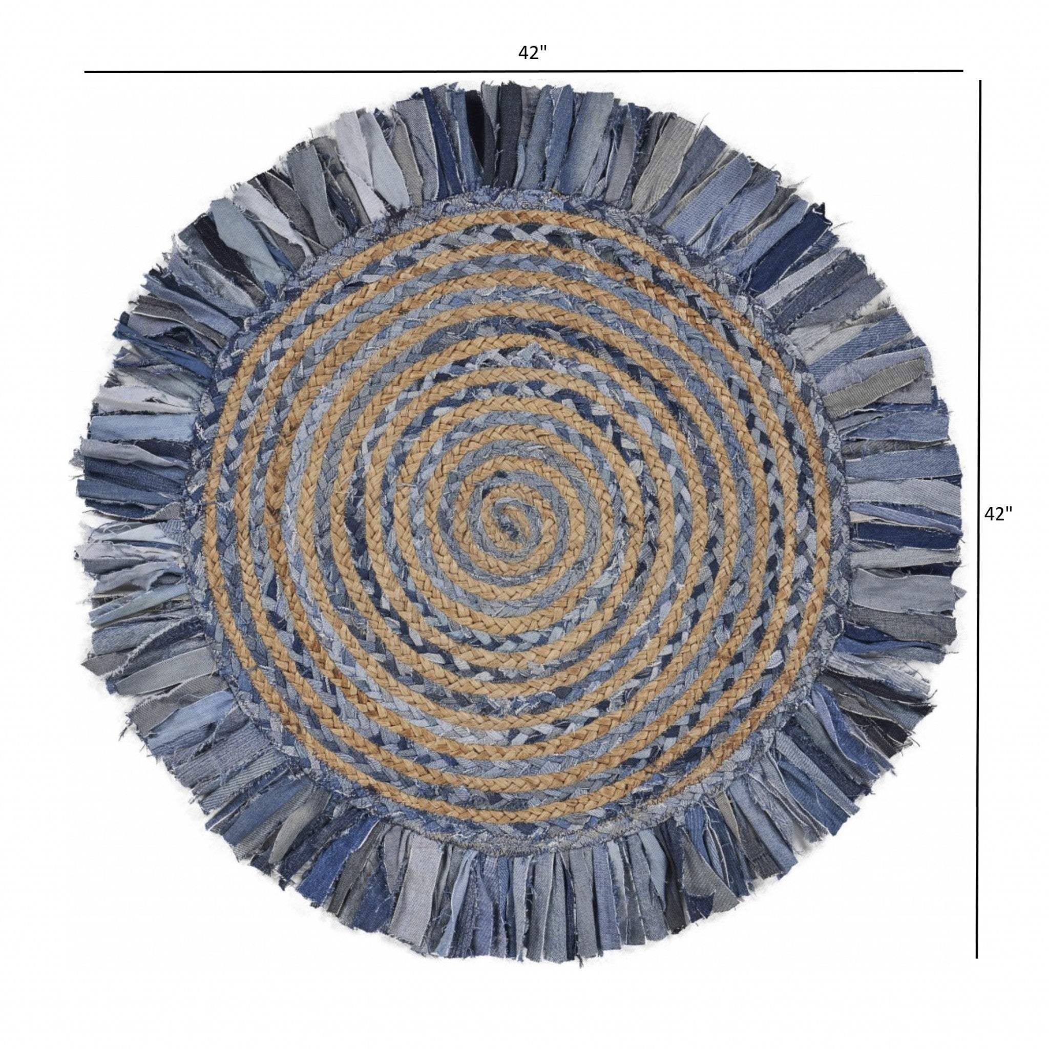 Denim And Natural Jute Round Swirl Fringed Rug - Image 7