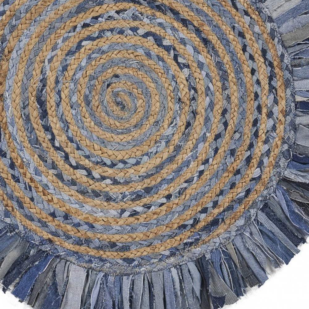 Denim And Natural Jute Round Swirl Fringed Rug - Image 2