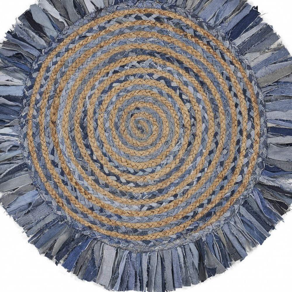 Denim And Natural Jute Round Swirl Fringed Rug - Image 3