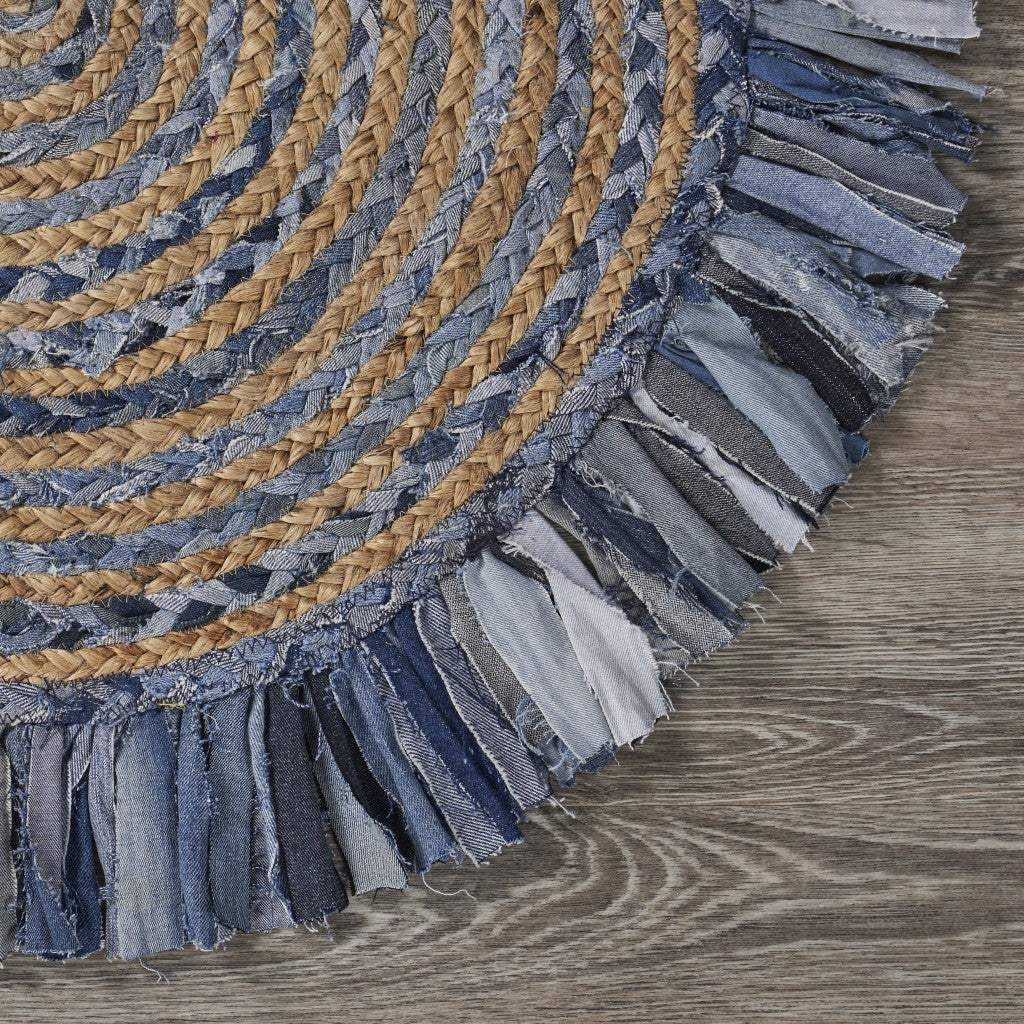 Denim And Natural Jute Round Swirl Fringed Rug - Image 4