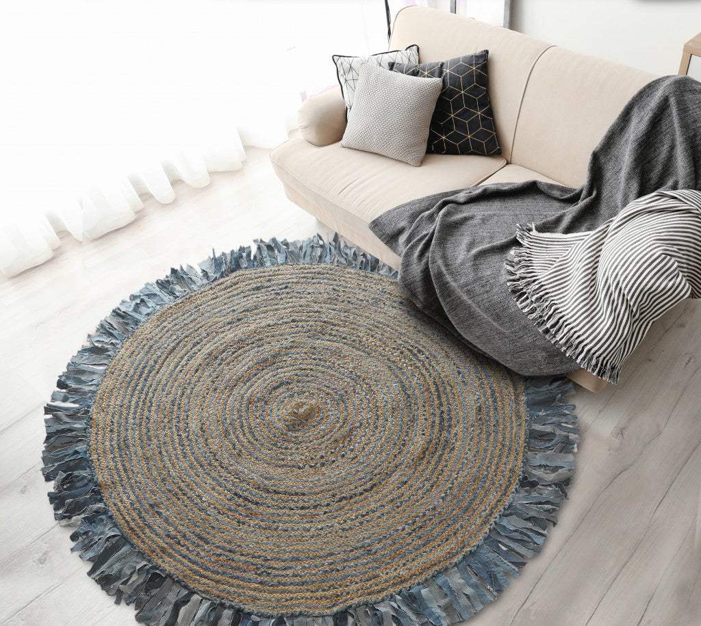 Denim And Natural Jute Round Swirl Fringed Rug - Image 5