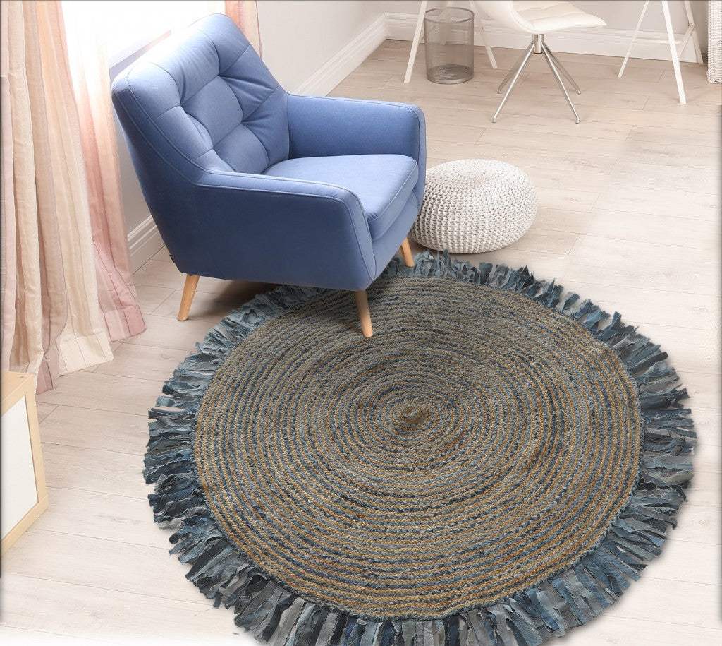 Denim And Natural Jute Round Swirl Fringed Rug - Image 6