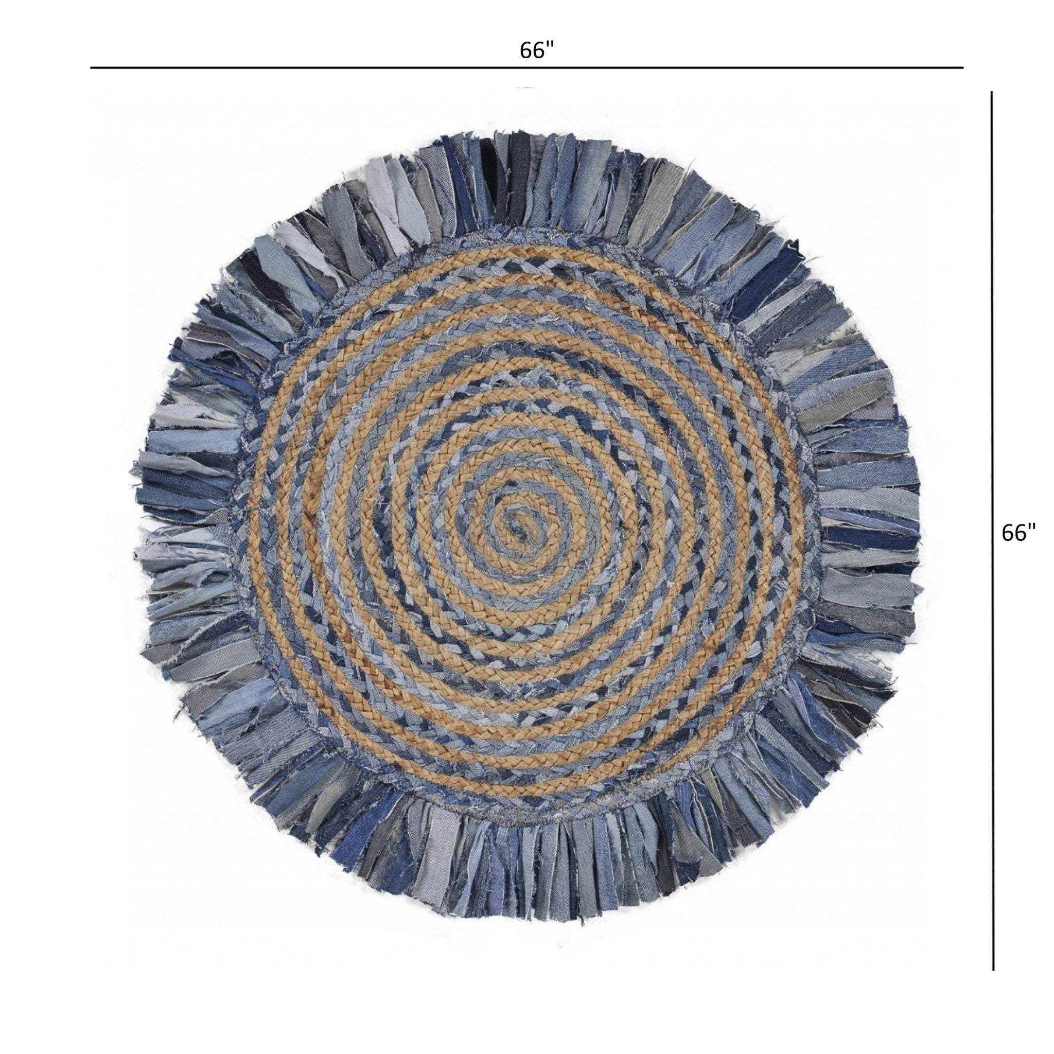 Denim And Natural Jute Round Swirl Fringed Rug - Image 7