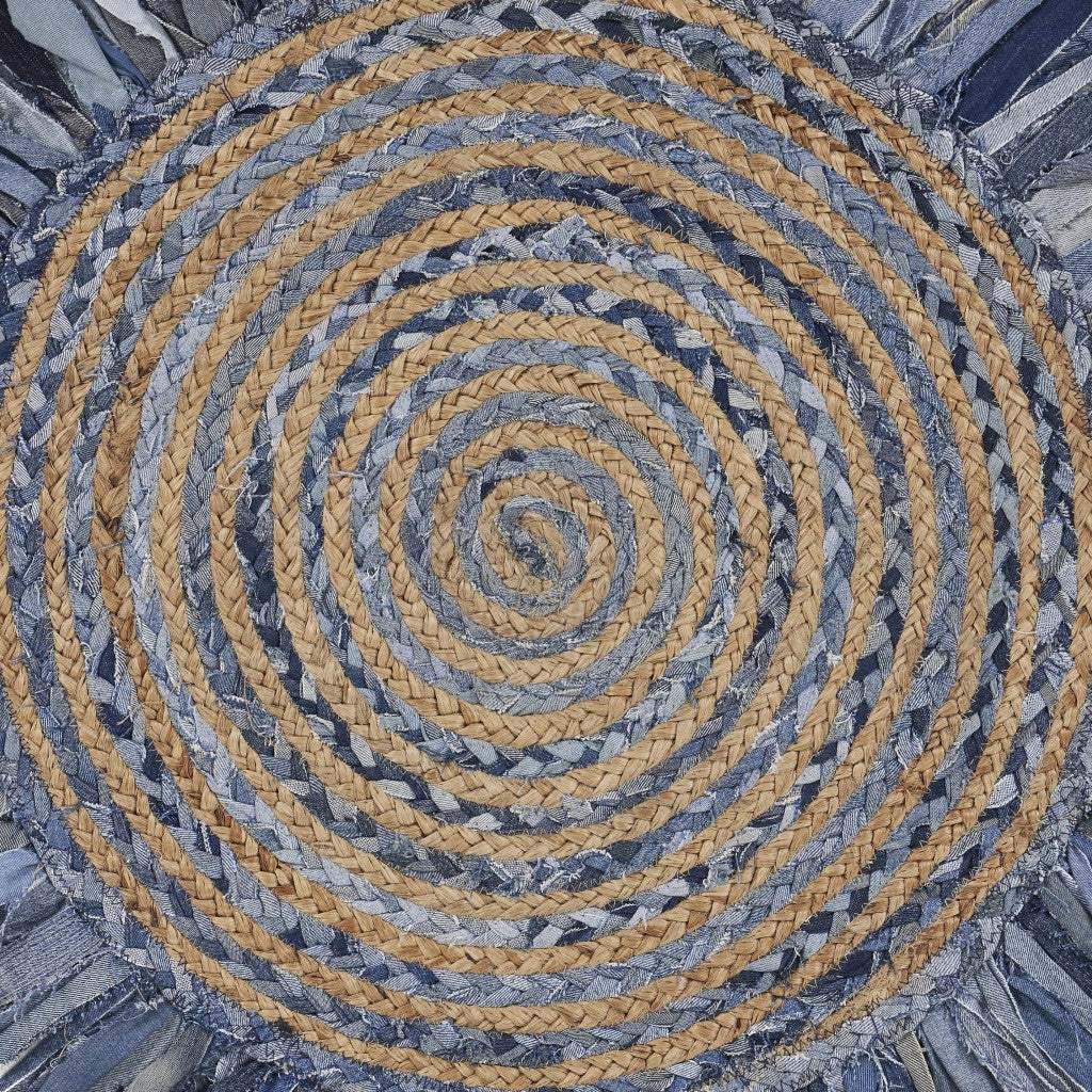 Denim And Natural Jute Round Swirl Fringed Rug - Image 8