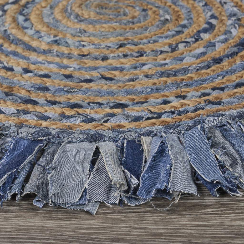 Denim And Natural Jute Round Swirl Fringed Rug - Image 9