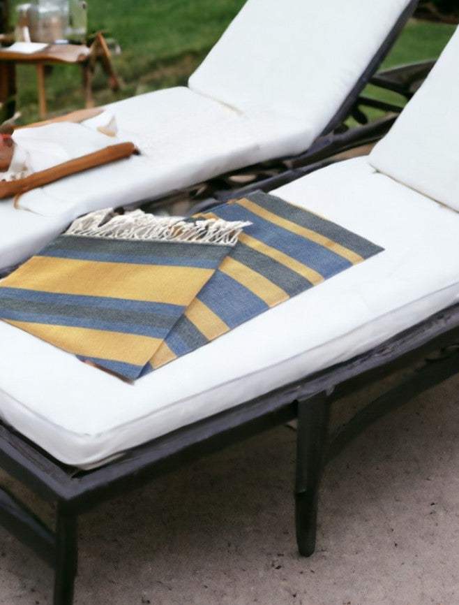 Denim Blue and Yellow Striped Turkish Towel Beach Blanket - Image 2