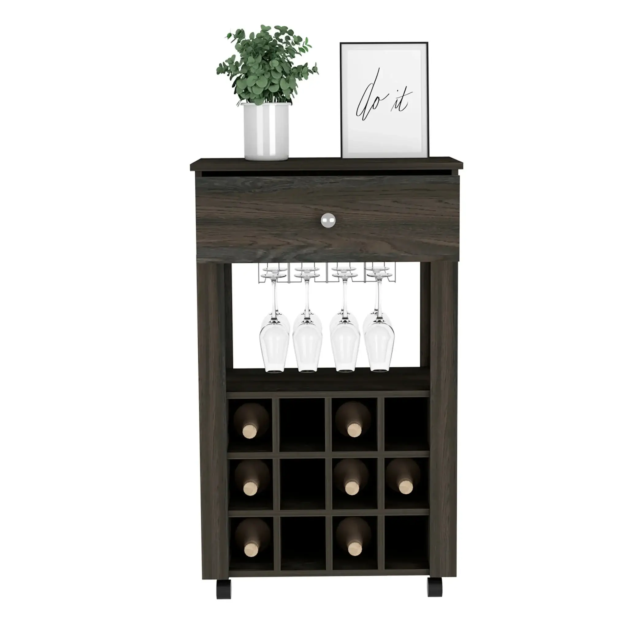 Espresso Rolling Bar Cart With Wine Storage - Image 2