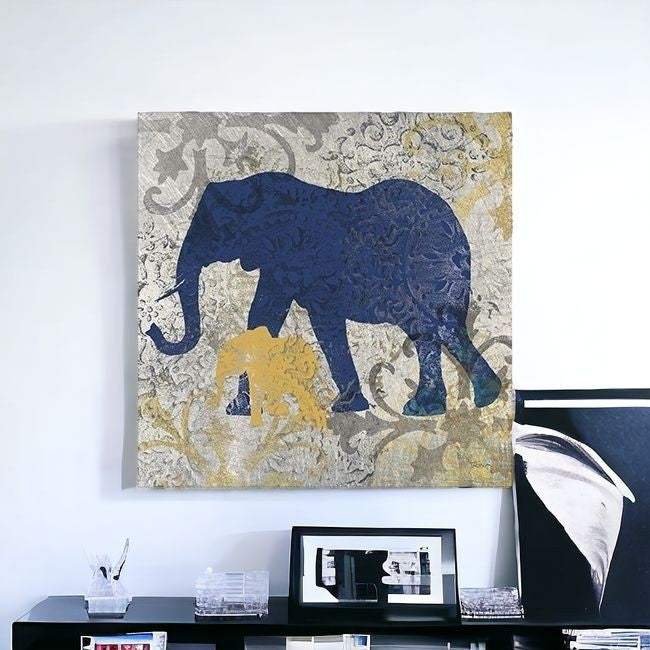 Exotic Blue And Gold Elephant Unframed Print Wall Art - Image 3