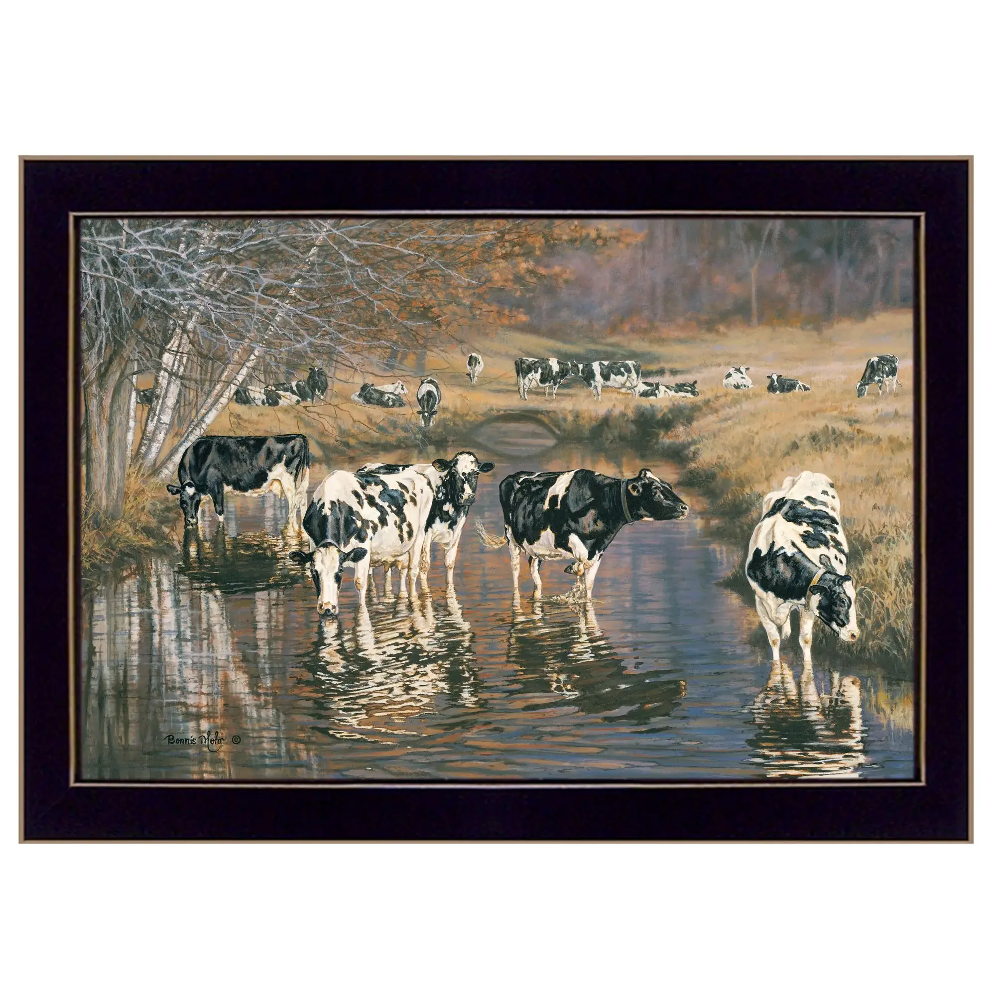 Fall Reflections Holsteins in River Black Framed Print Wall Art - Image 2