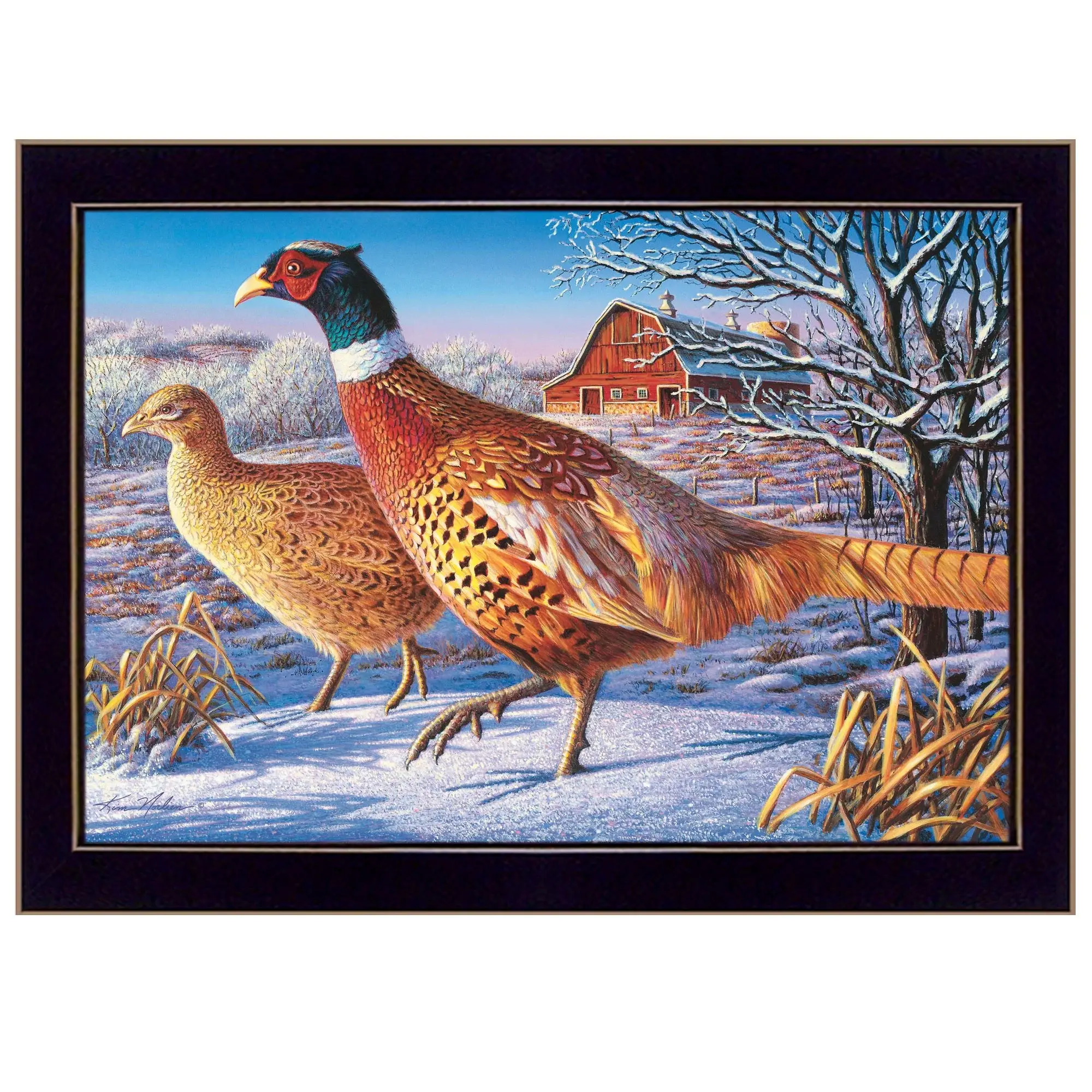 Frosty Morning Ringnecks 1 Black Framed Print Wall Art - Image 2