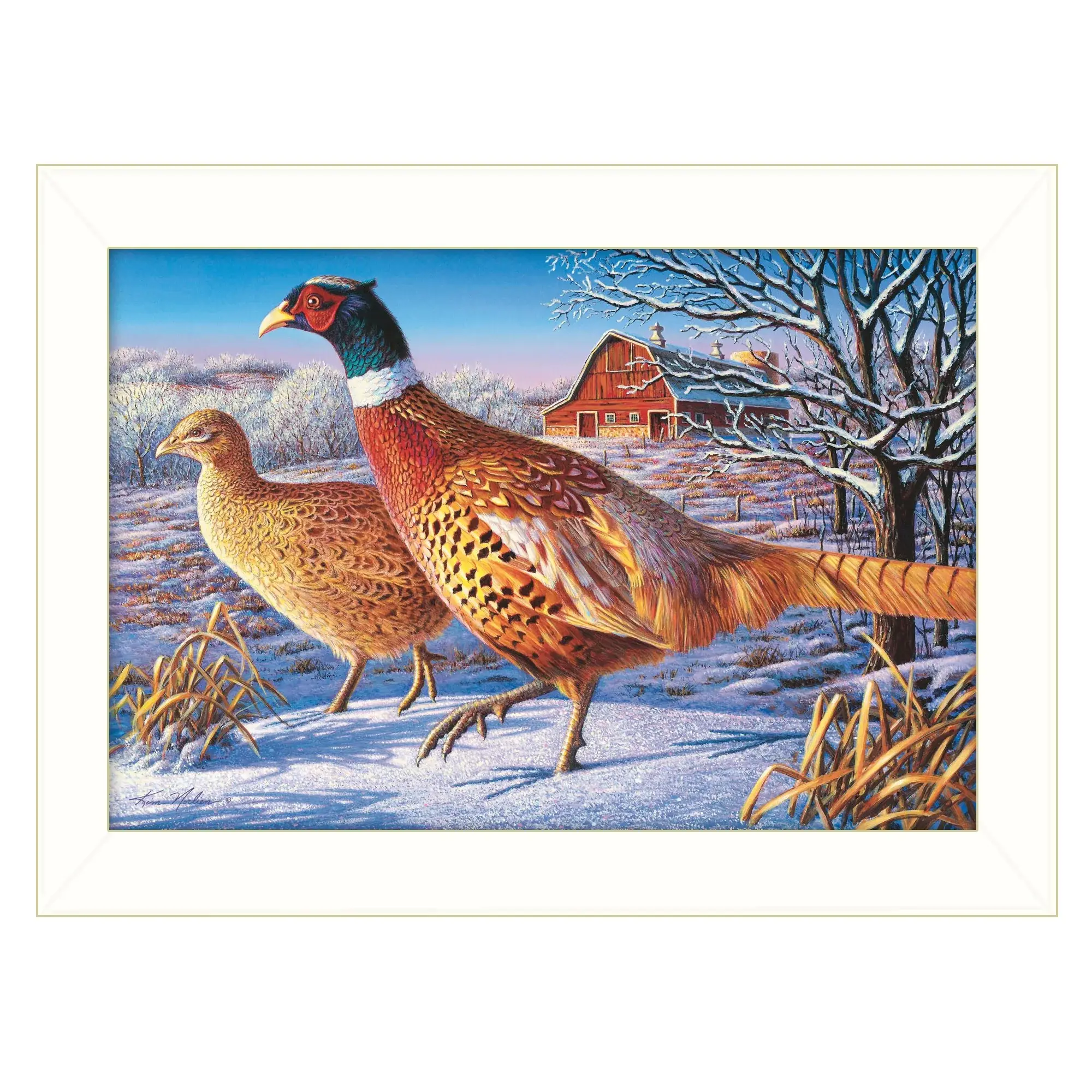 Frosty Morning Ringnecks 2 White Framed Print Wall Art - Image 2