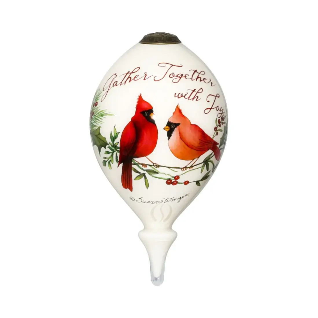Gather Together With Joy Cardinals Hand Painted Mouth Blown Glass Ornament - Image 2
