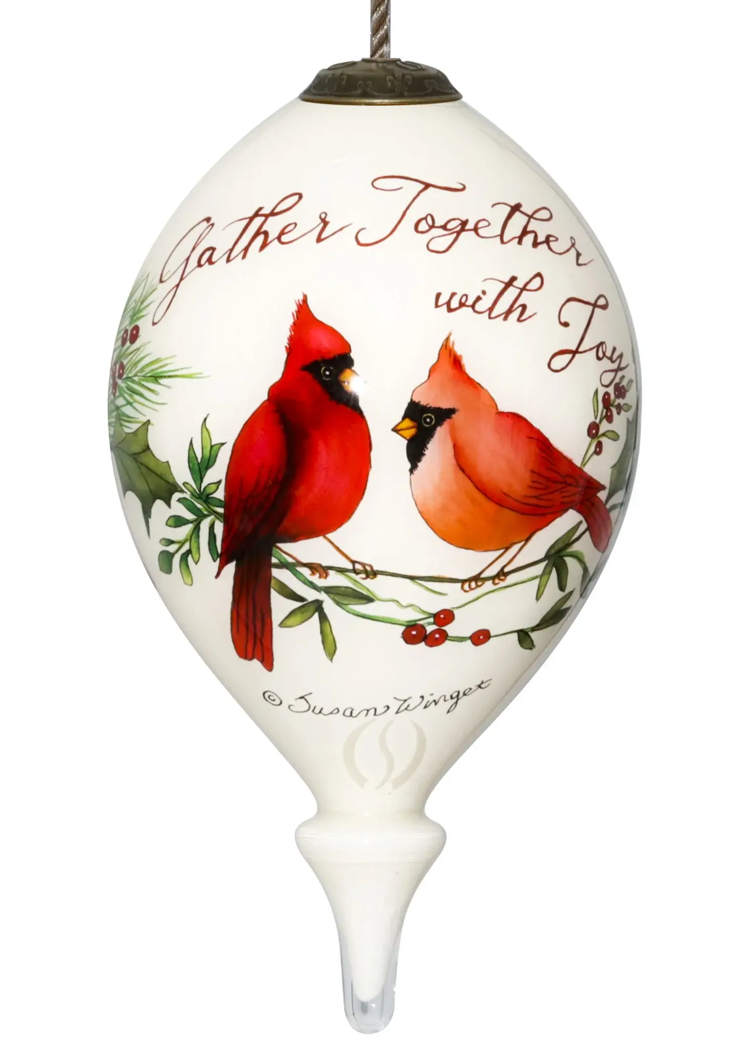 Gather Together With Joy Cardinals Hand Painted Mouth Blown Glass Ornament - Image 3