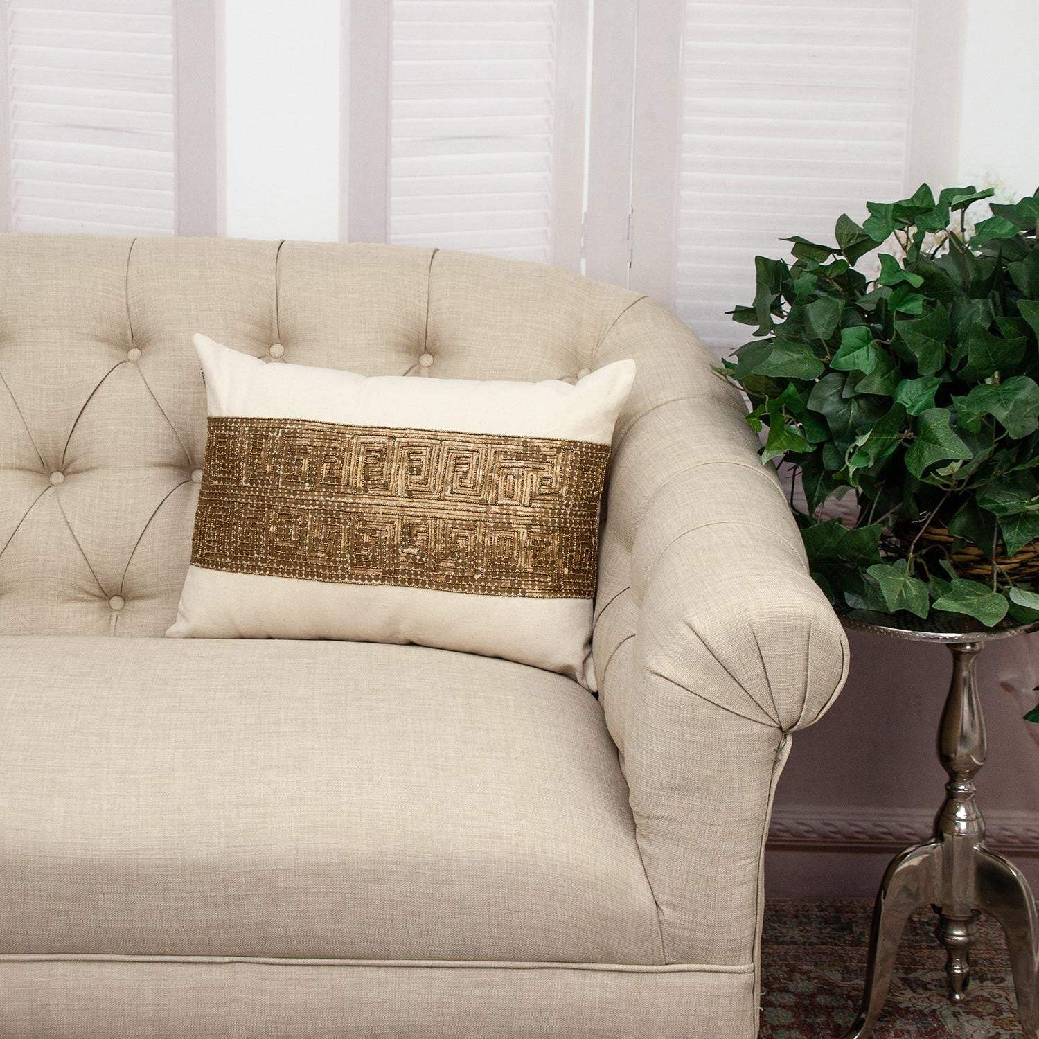 Glam Beige with Golden Sequins Lumbar Throw Pillow - Image 7