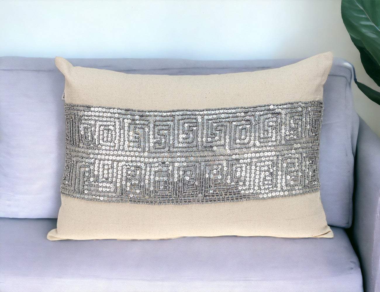Glam Beige with Silver Sequins Lumbar Throw Pillow - Image 2