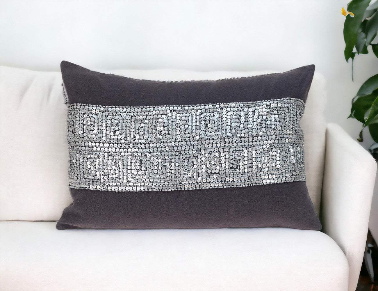 Glam Gray with Silver Sequins Lumbar Throw Pillow - Image 2