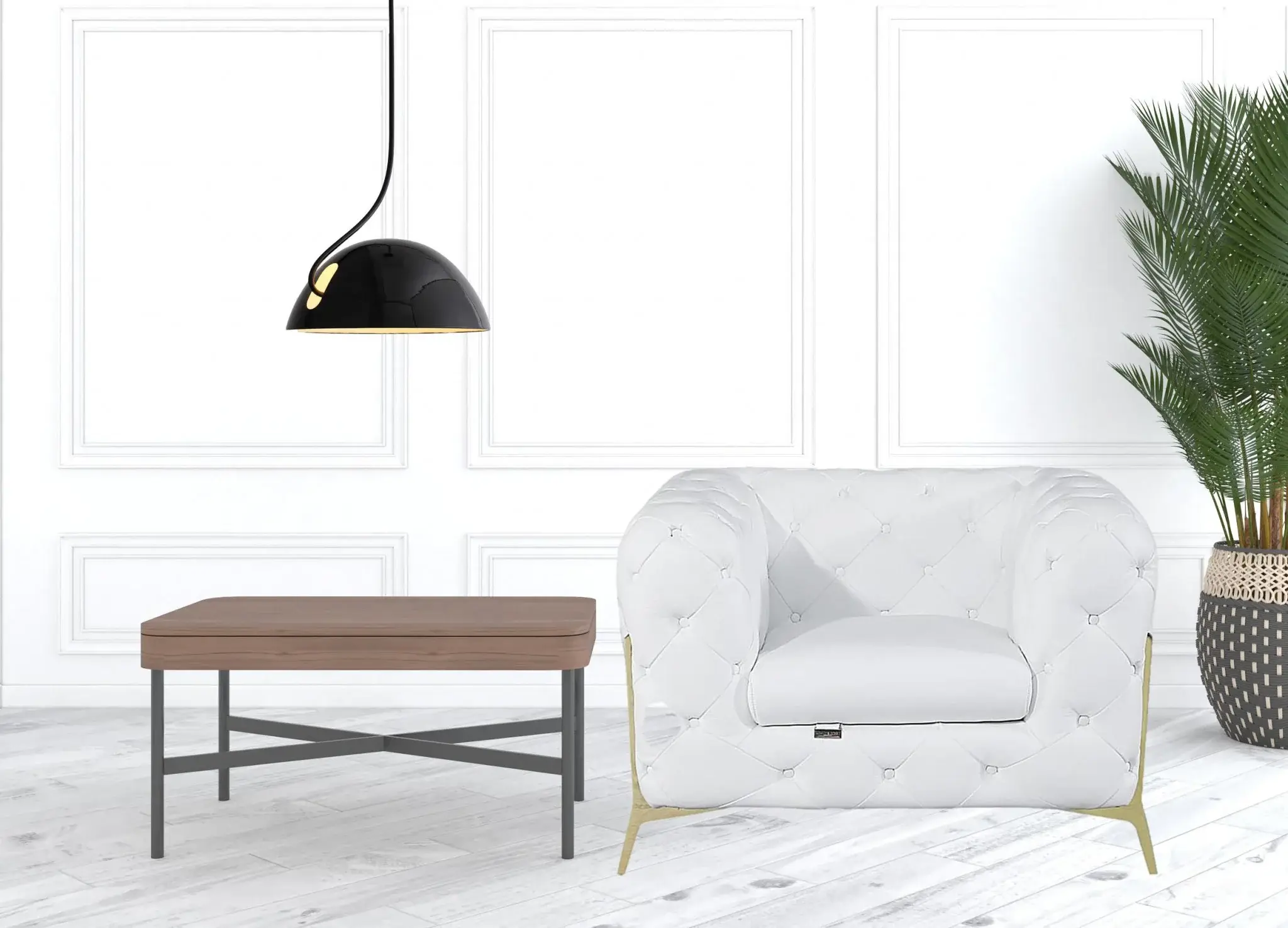 Glam White and Gold Tufted Leather Armchair - Image 2