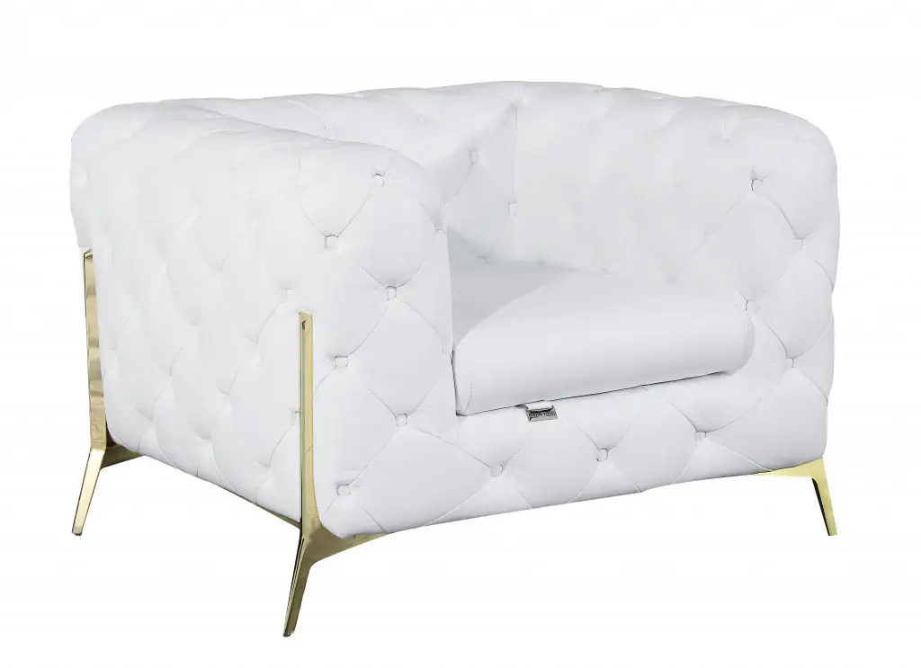 Glam White and Gold Tufted Leather Armchair - Image 3