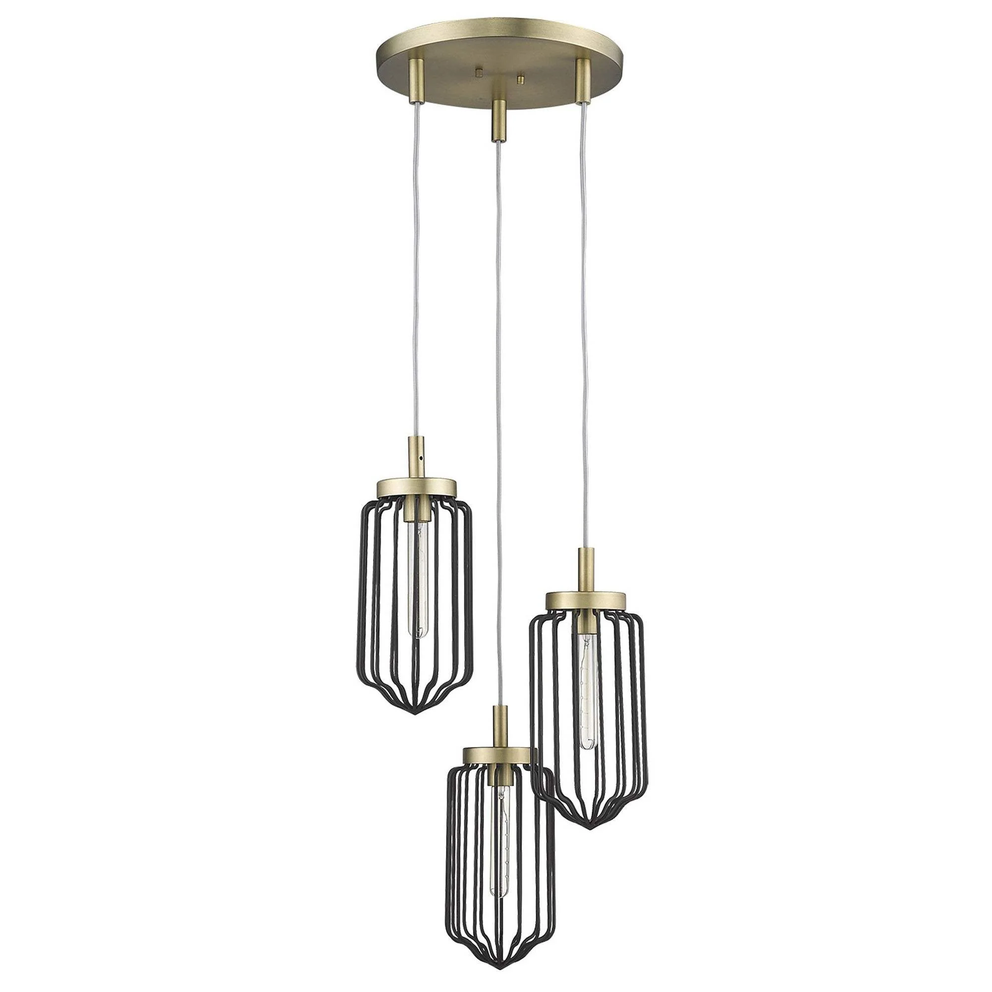 Gold Caged Three Light Metal Dimmable Chandelier With Black Shades - Image 2