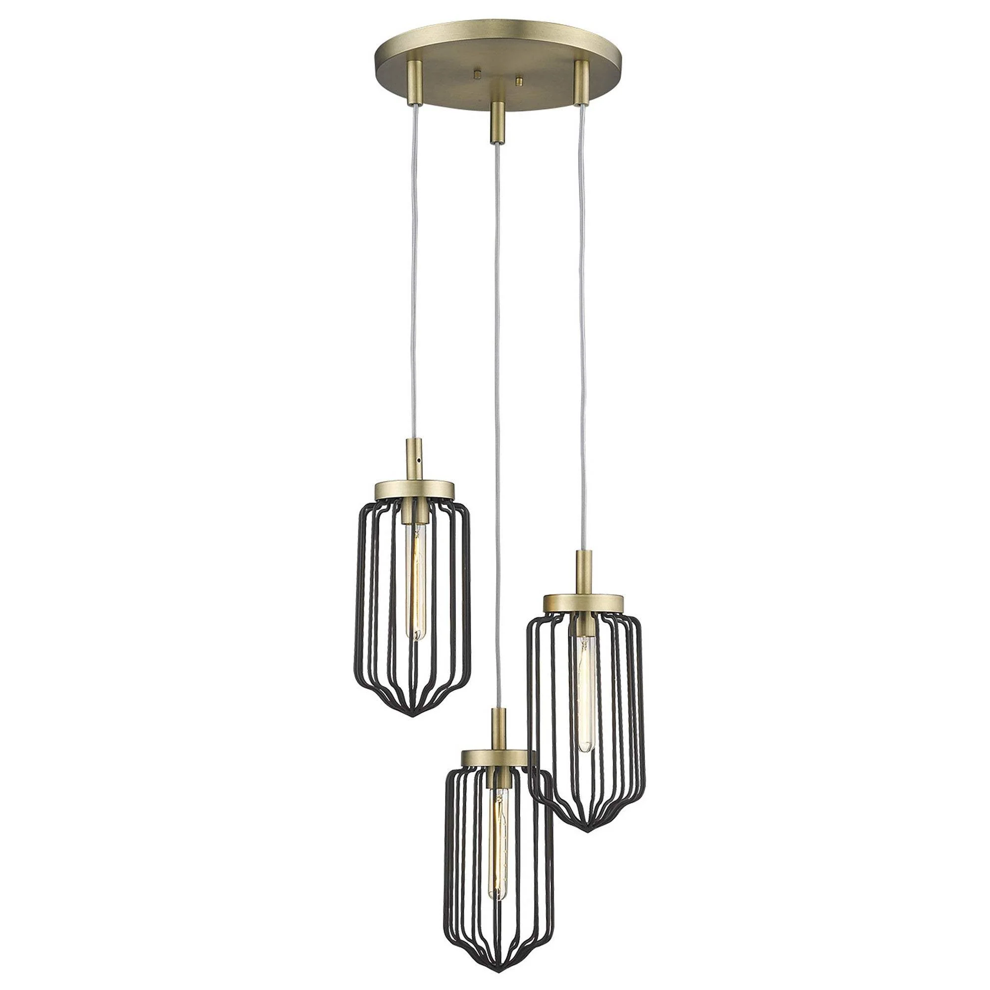 Gold Caged Three Light Metal Dimmable Chandelier With Black Shades - Image 3