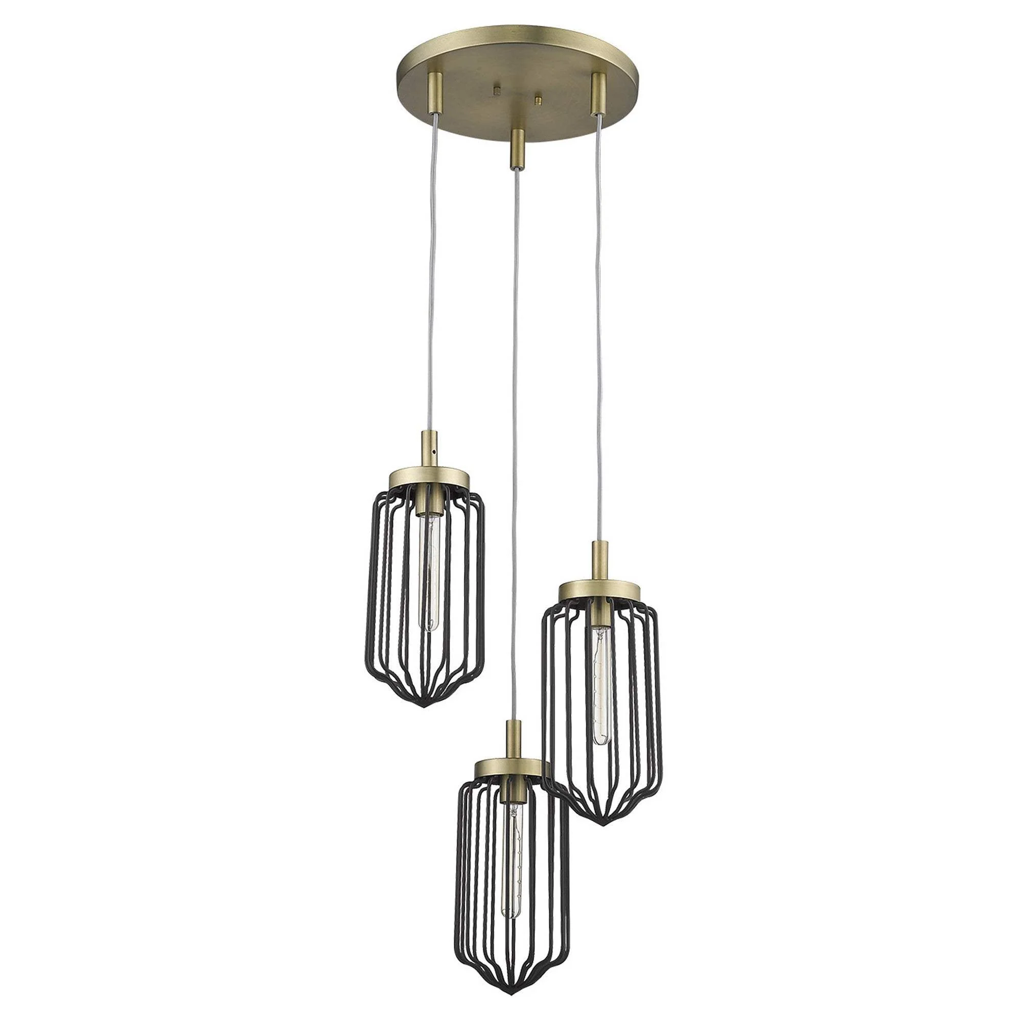 Gold Caged Three Light Metal Dimmable Chandelier With Black Shades - Image 4