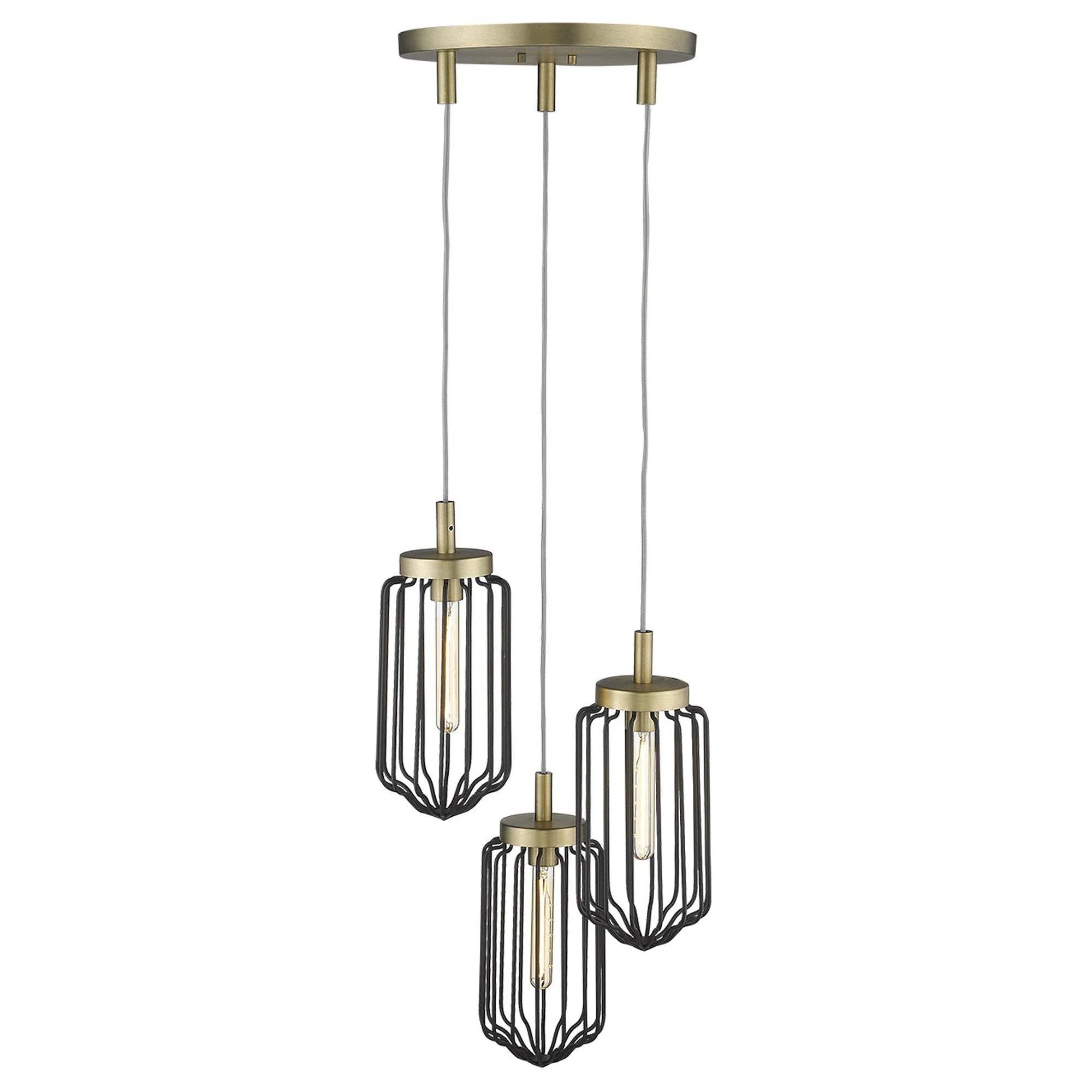 Gold Caged Three Light Metal Dimmable Chandelier With Black Shades - Image 5