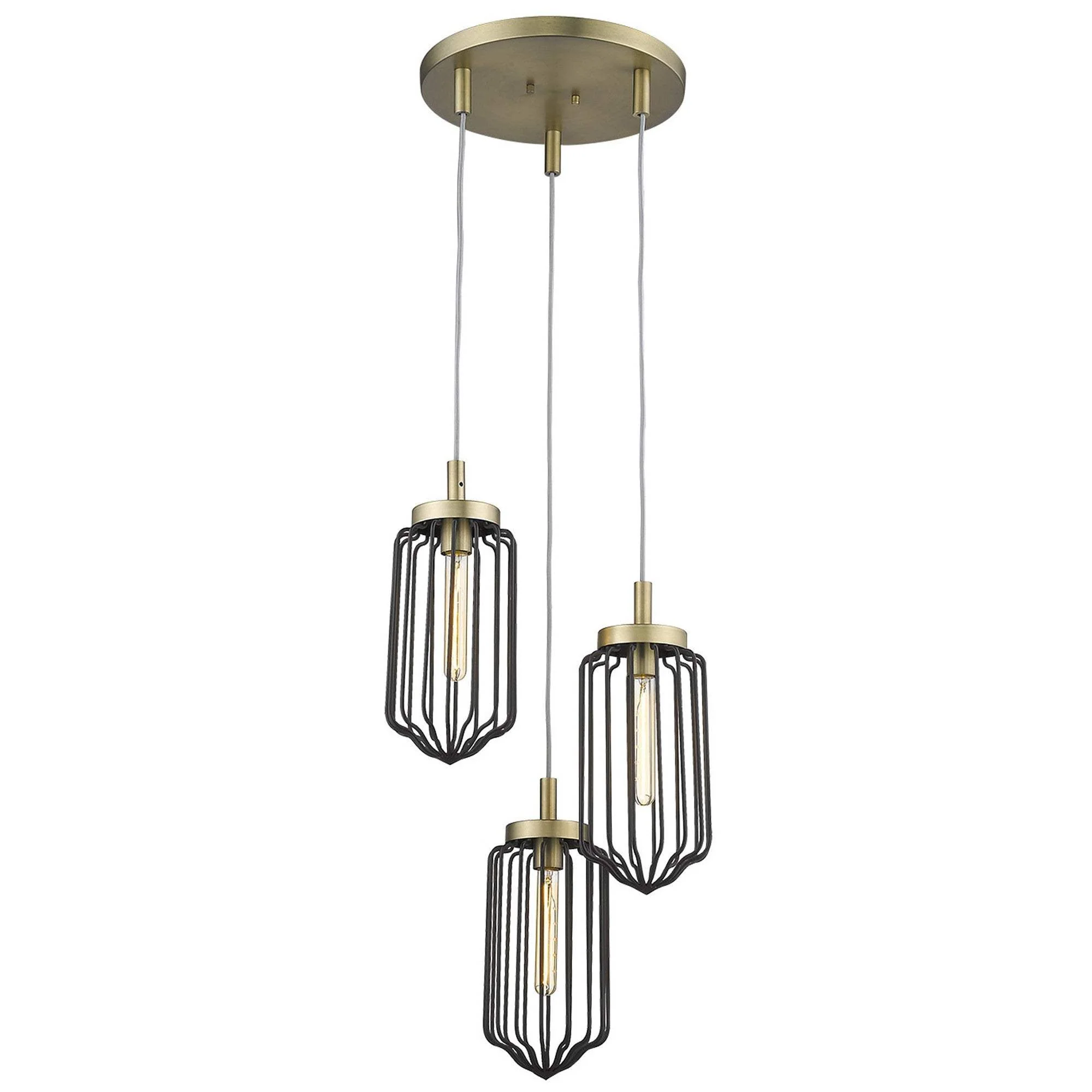 Gold Caged Three Light Metal Dimmable Chandelier With Black Shades - Image 6