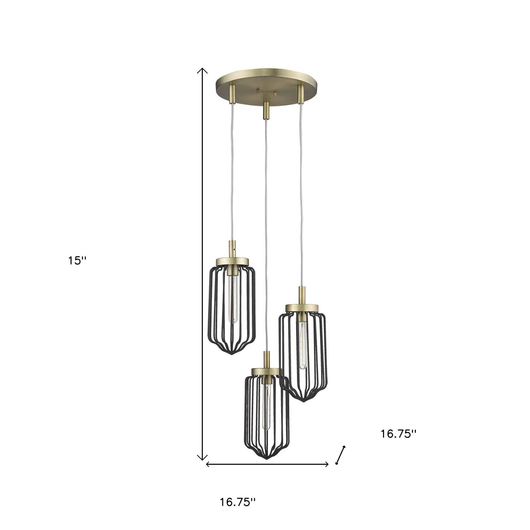 Gold Caged Three Light Metal Dimmable Chandelier With Black Shades - Image 7