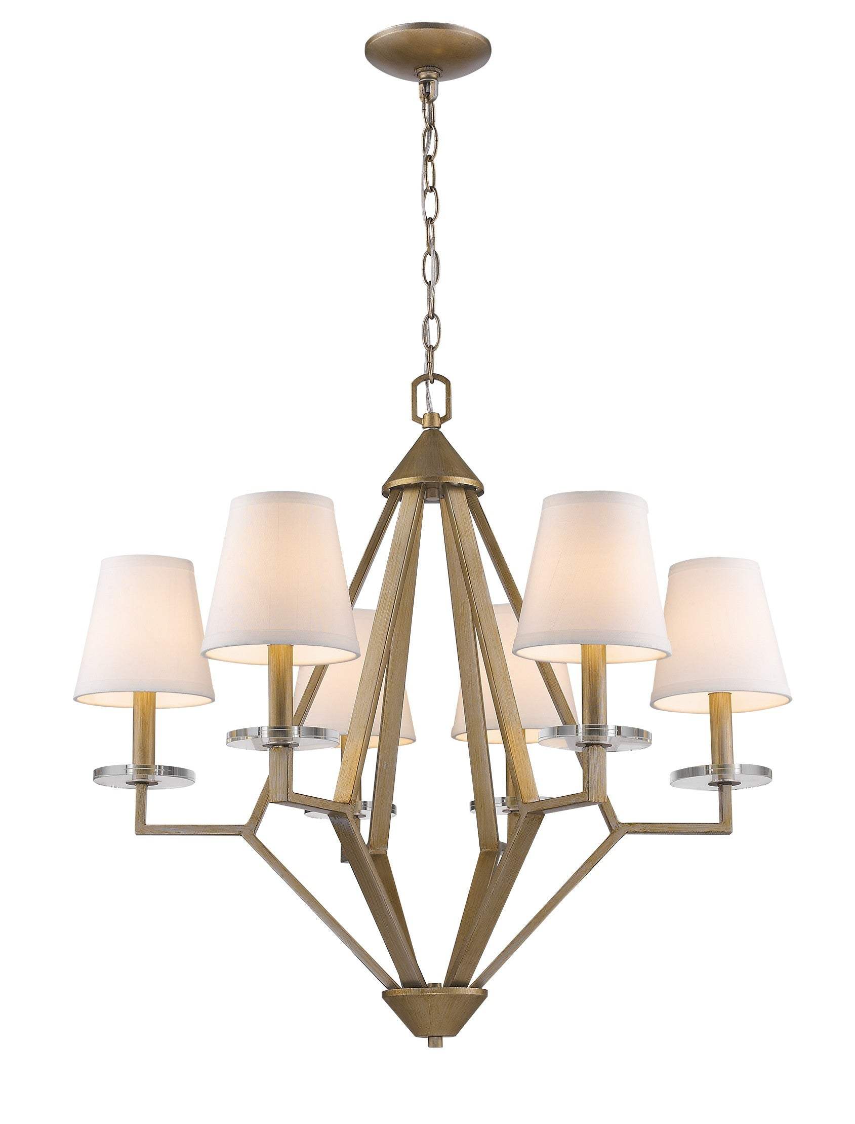 Gold Candle Style Six Light Metal and Crystals Dimmable Chandelier With White Shades - Image 2