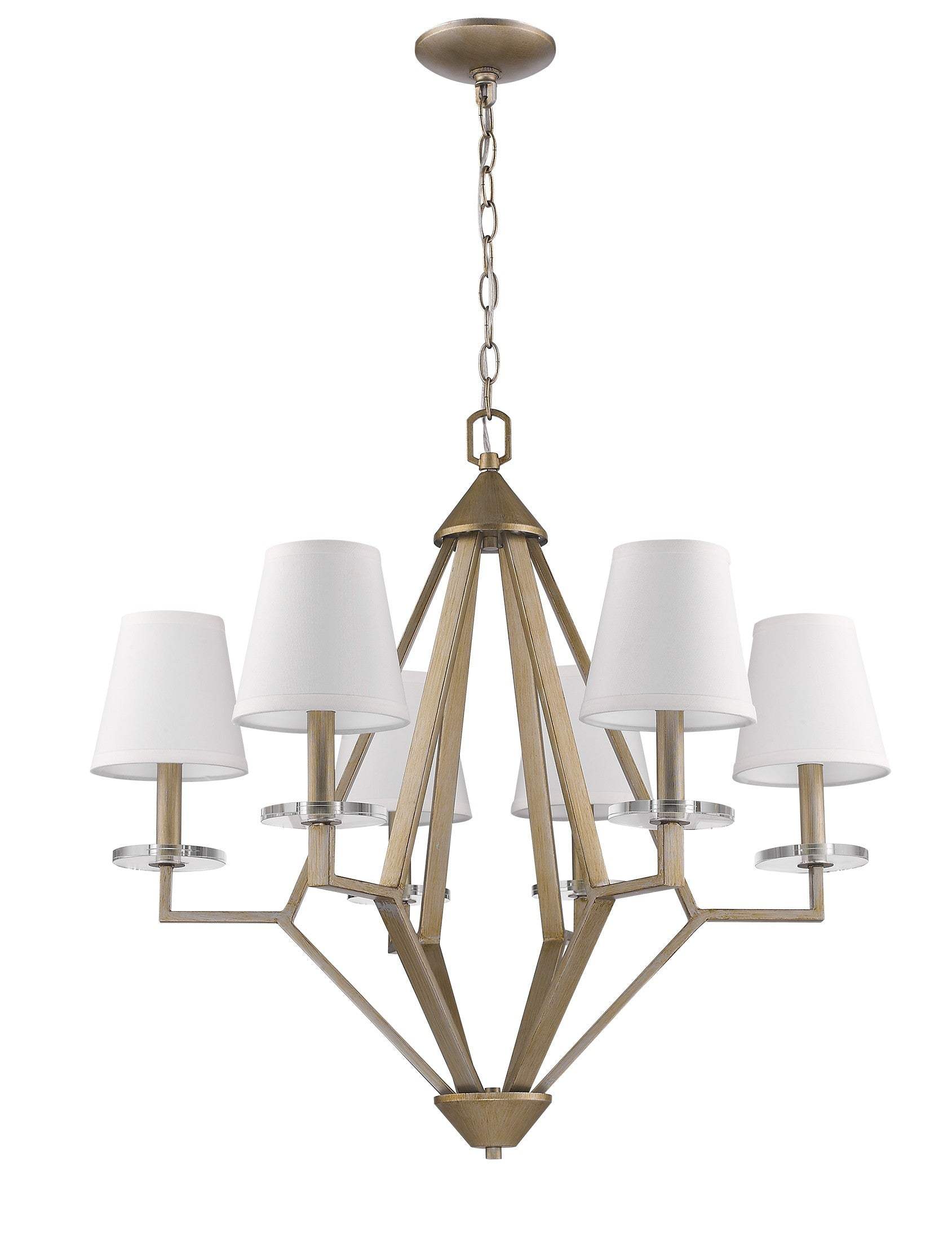 Gold Candle Style Six Light Metal and Crystals Dimmable Chandelier With White Shades - Image 3