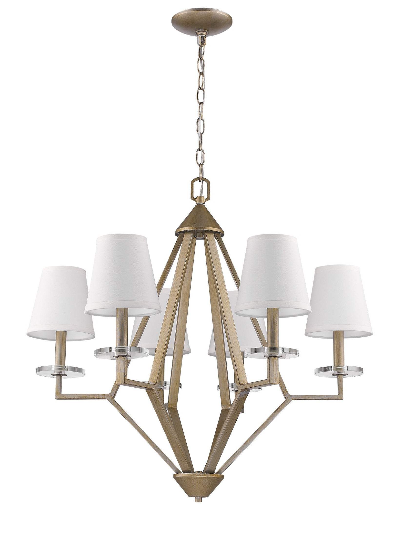 Gold Candle Style Six Light Metal and Crystals Dimmable Chandelier With White Shades - Image 4