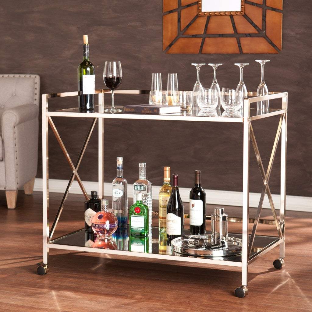 Gold Metal And Glass Rolling Bar Cart - Image 5