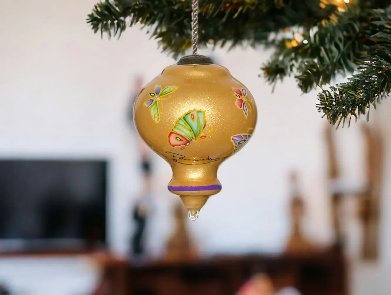 Golden Extravagant Butterflies Hand Painted Mouth Blown Glass Ornament - Image 2