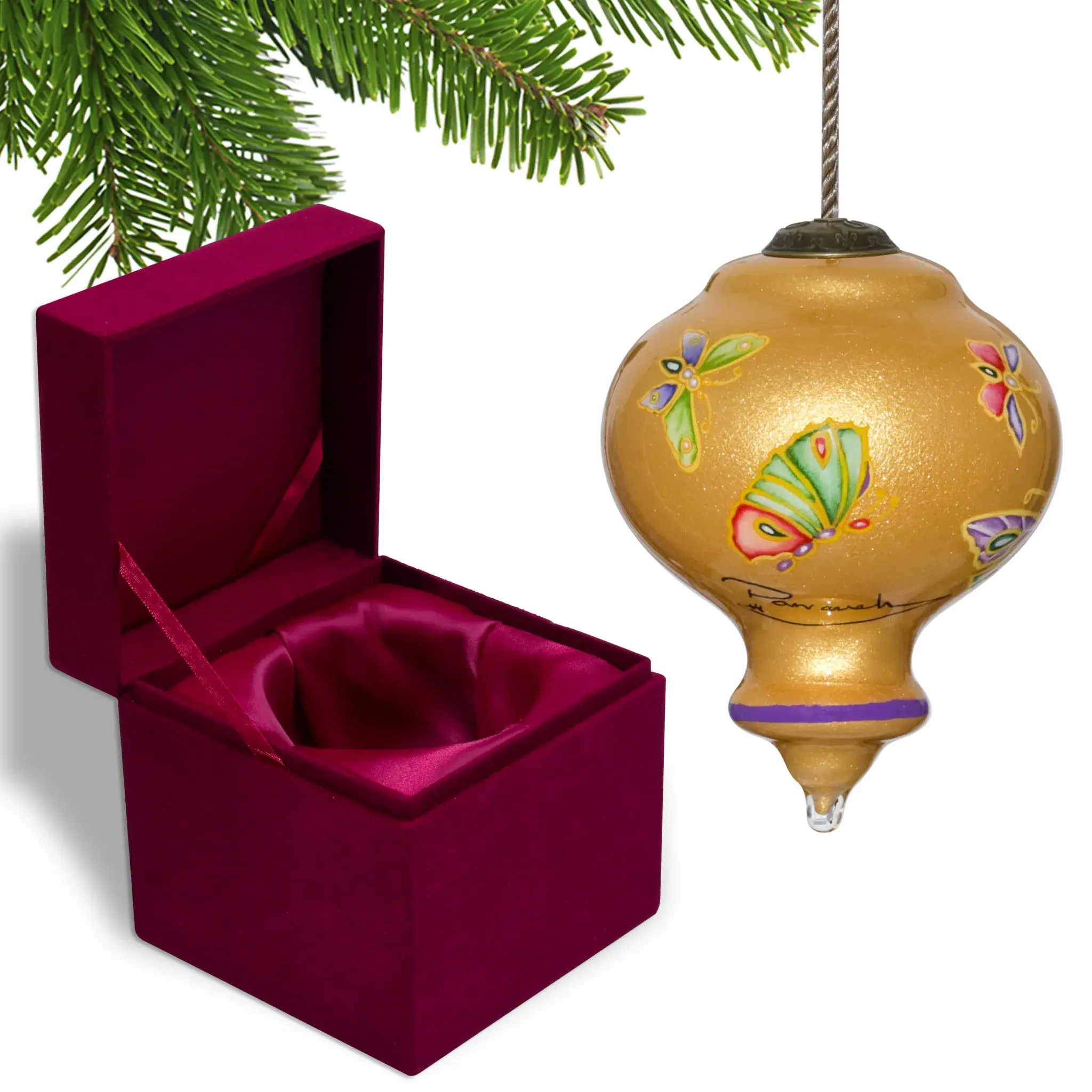 Golden Extravagant Butterflies Hand Painted Mouth Blown Glass Ornament - Image 3
