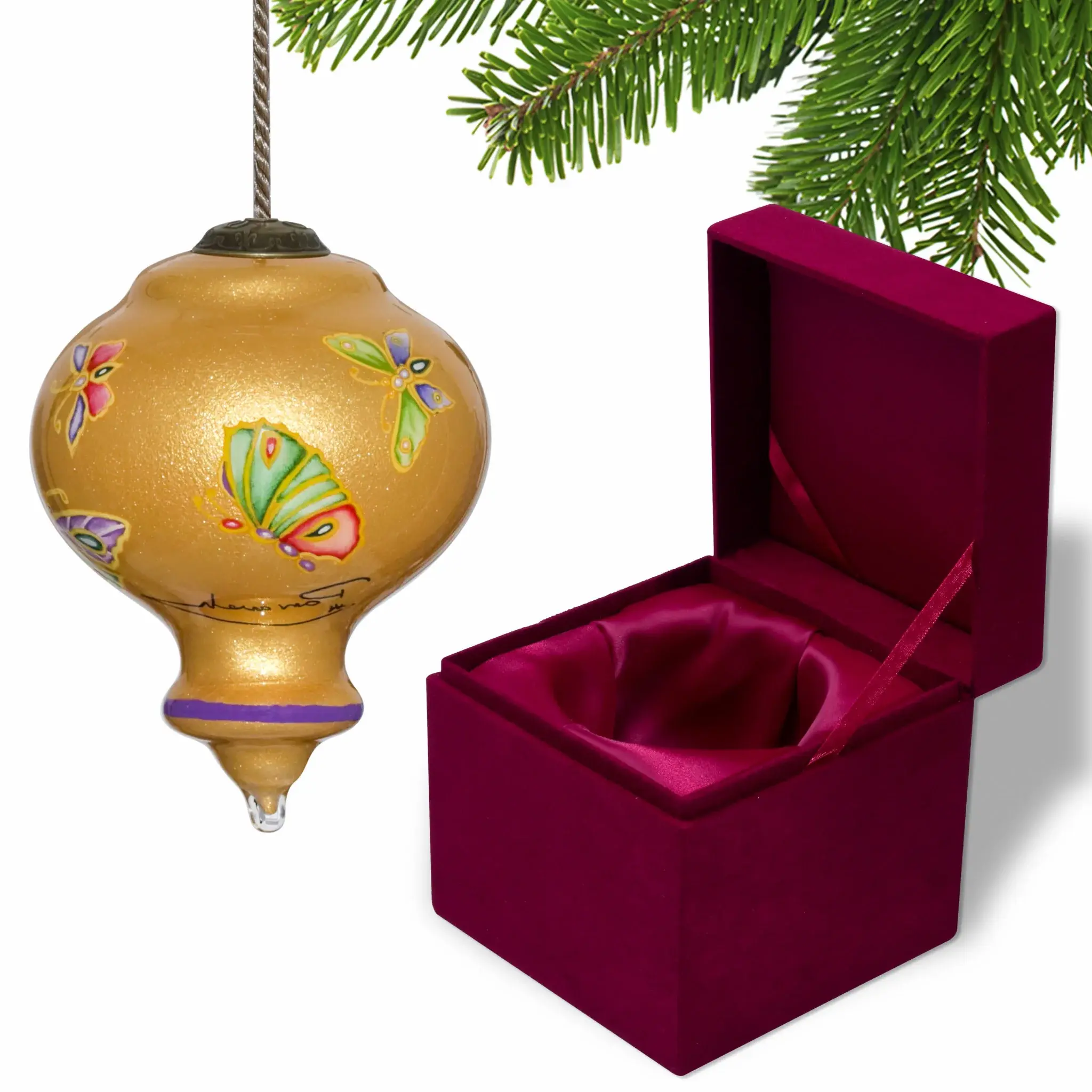 Golden Extravagant Butterflies Hand Painted Mouth Blown Glass Ornament - Image 4