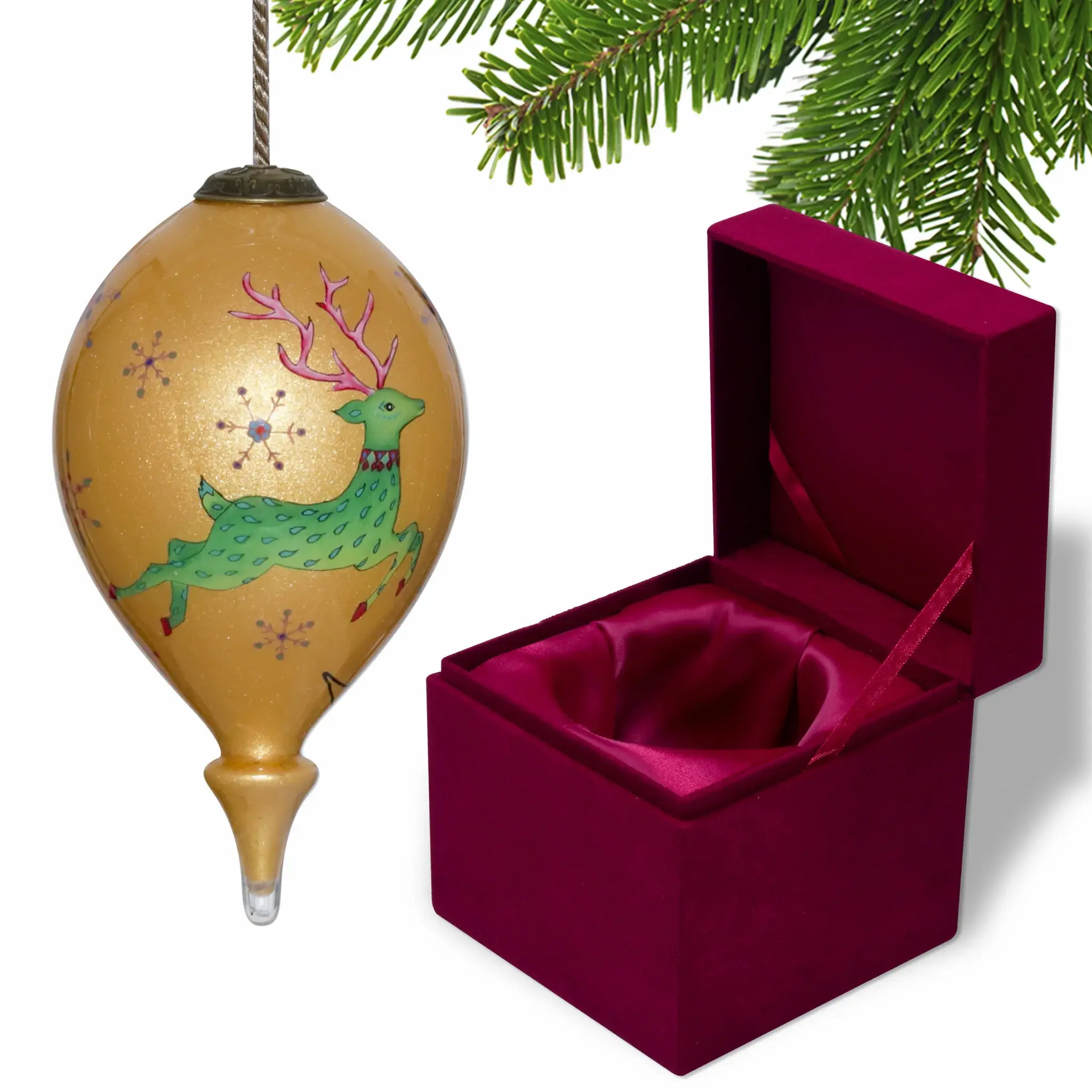 Golden Reindeer and Snowflakes Hand Painted Mouth Blown Glass Ornament - Image 4