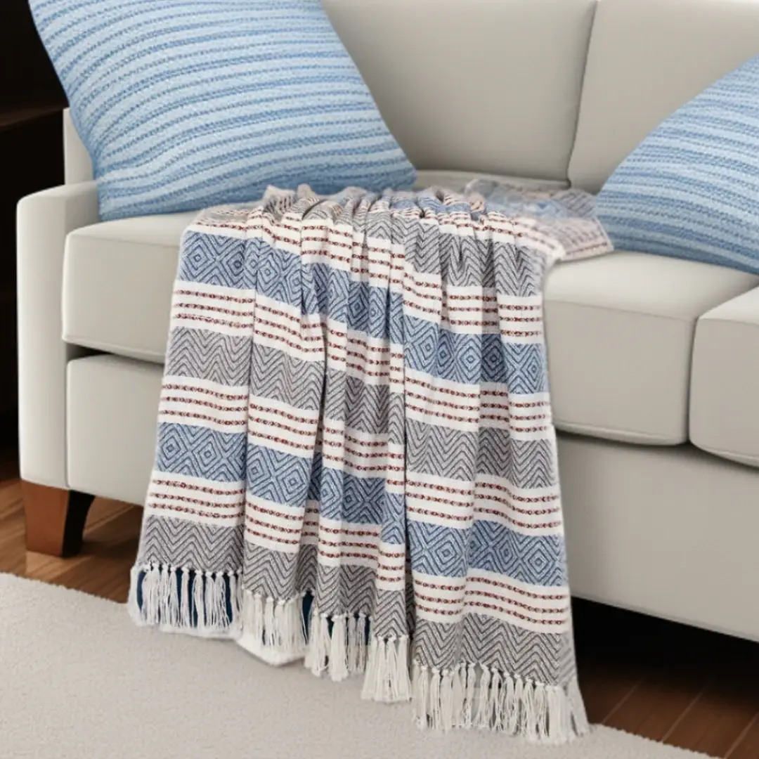 Gray and White Woven Cotton Striped Throw Blanket - Image 2