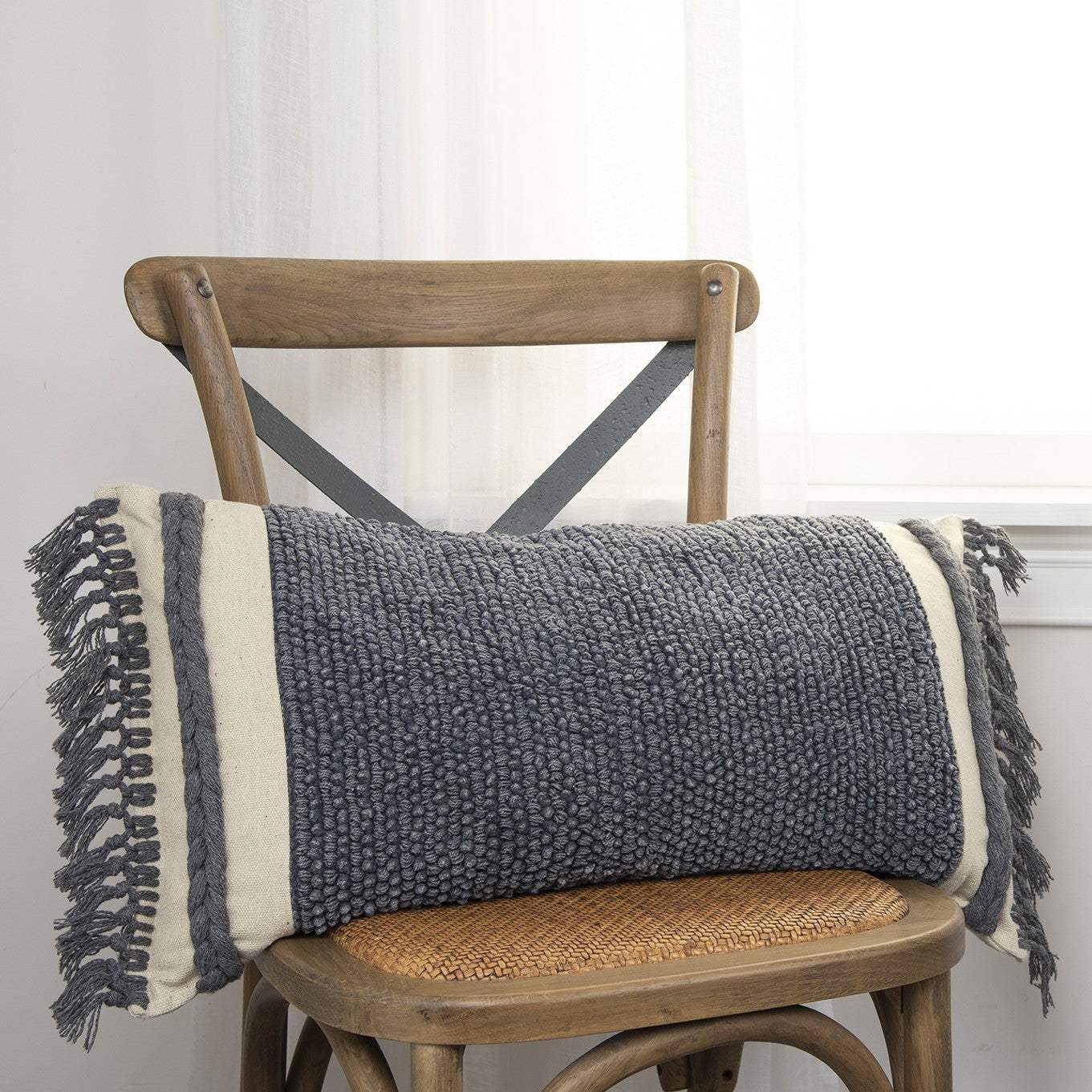 Gray Braided Stripe Macrame Fringe Lumbar Pillow - Image 4