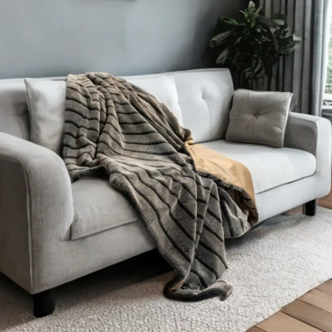 Gray Faux Fur Striped Plush Throw - Image 2