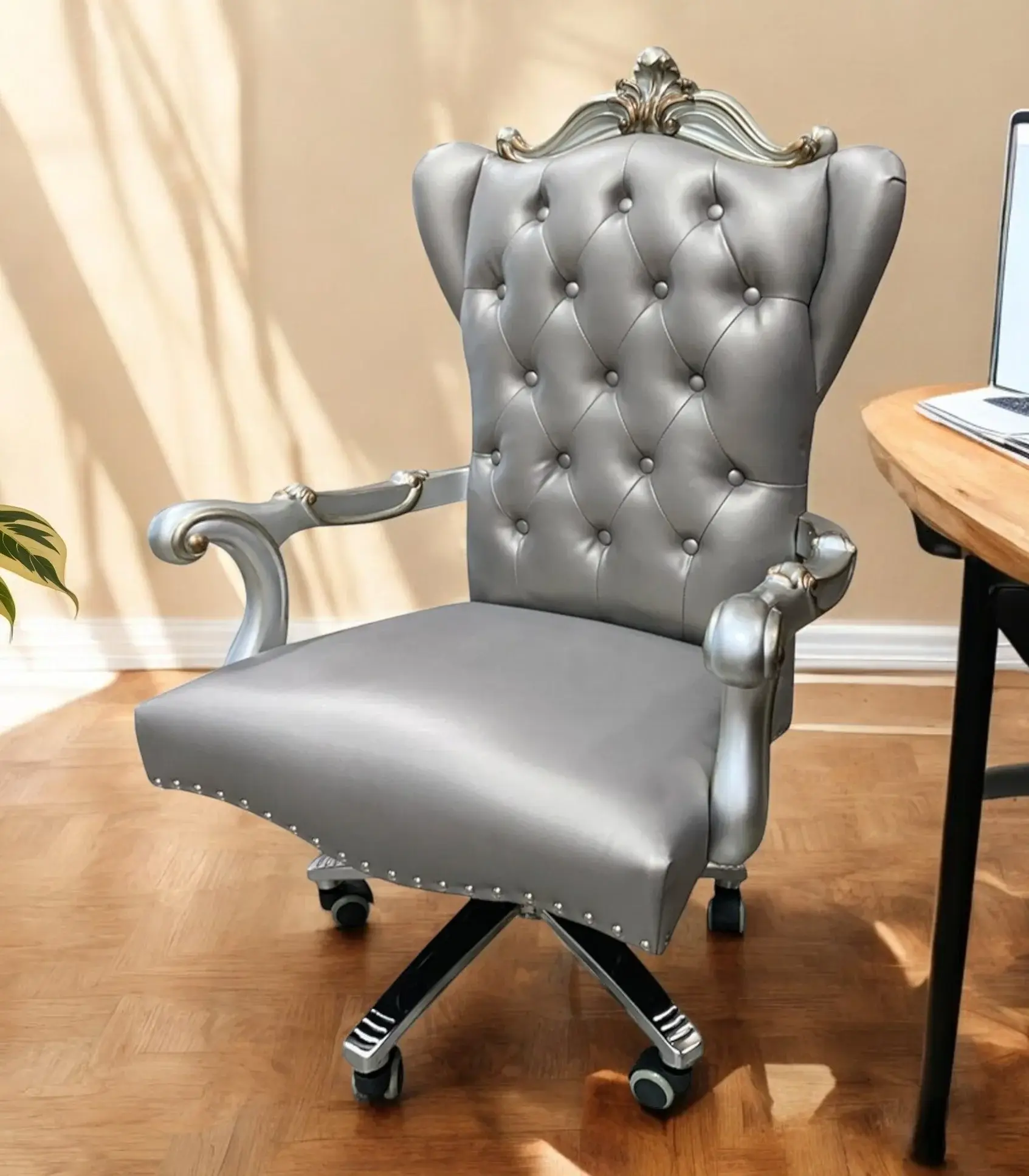Gray Faux Leather Tufted Seat Swivel Adjustable Executive Chair Leather Back - Image 2