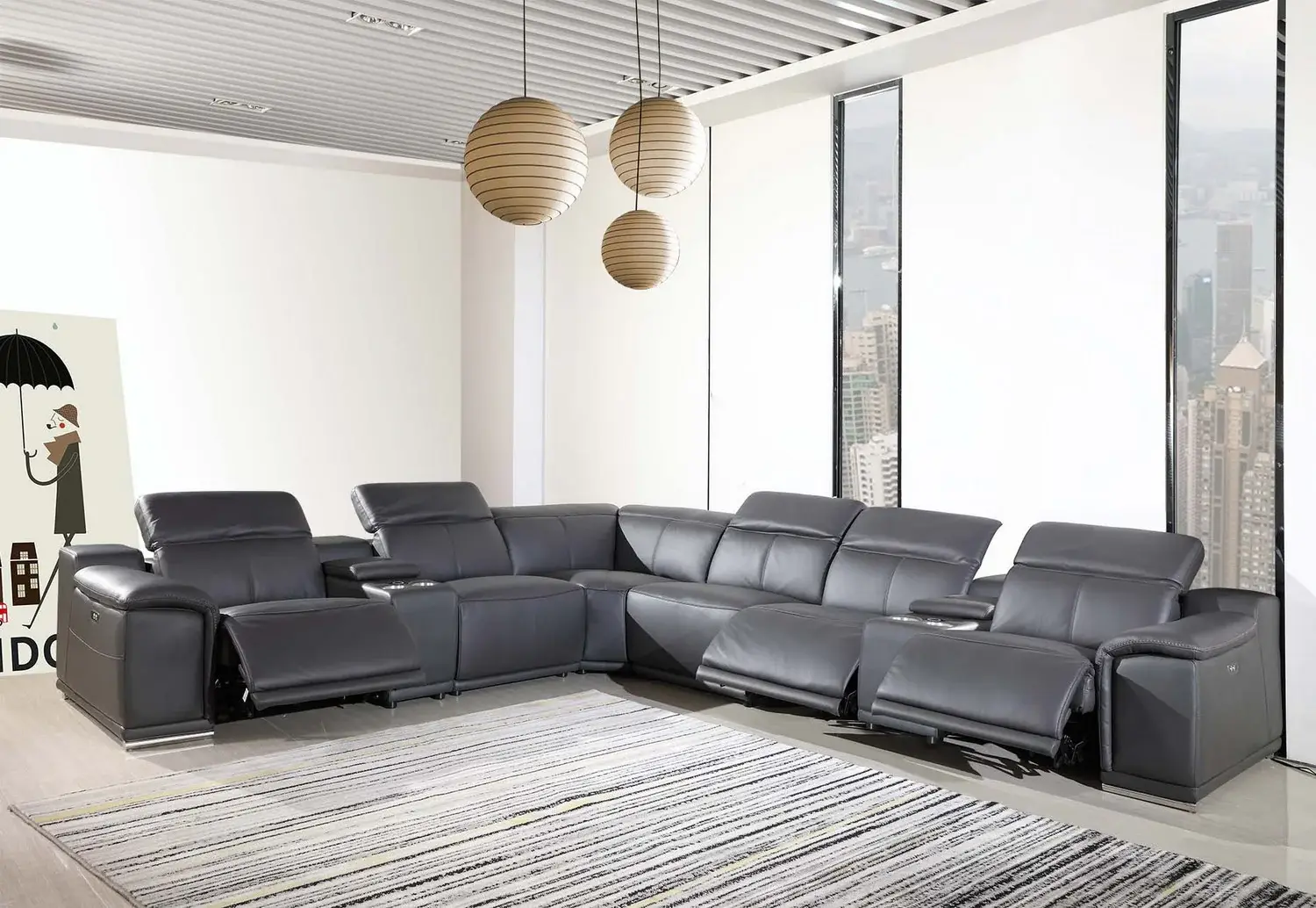 Gray Italian Leather Power Reclining U Shaped Eight Piece Corner Sectional With Console - Image 7