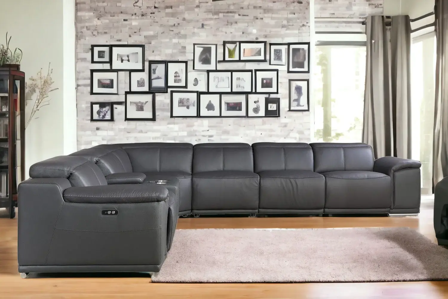 Gray Italian Leather Power Reclining U Shaped Seven Piece Corner Sectional With Console - Image 2