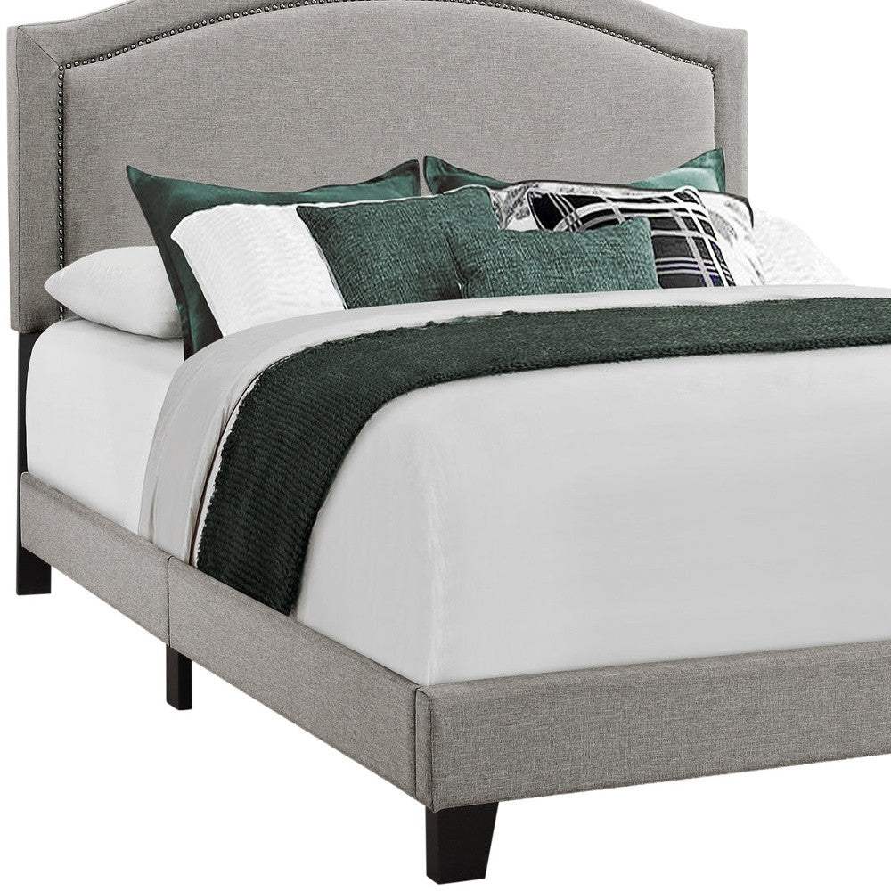 Gray Solid Wood Queen Upholstered Linen Bed Frame with Nailhead Trim - Image 3