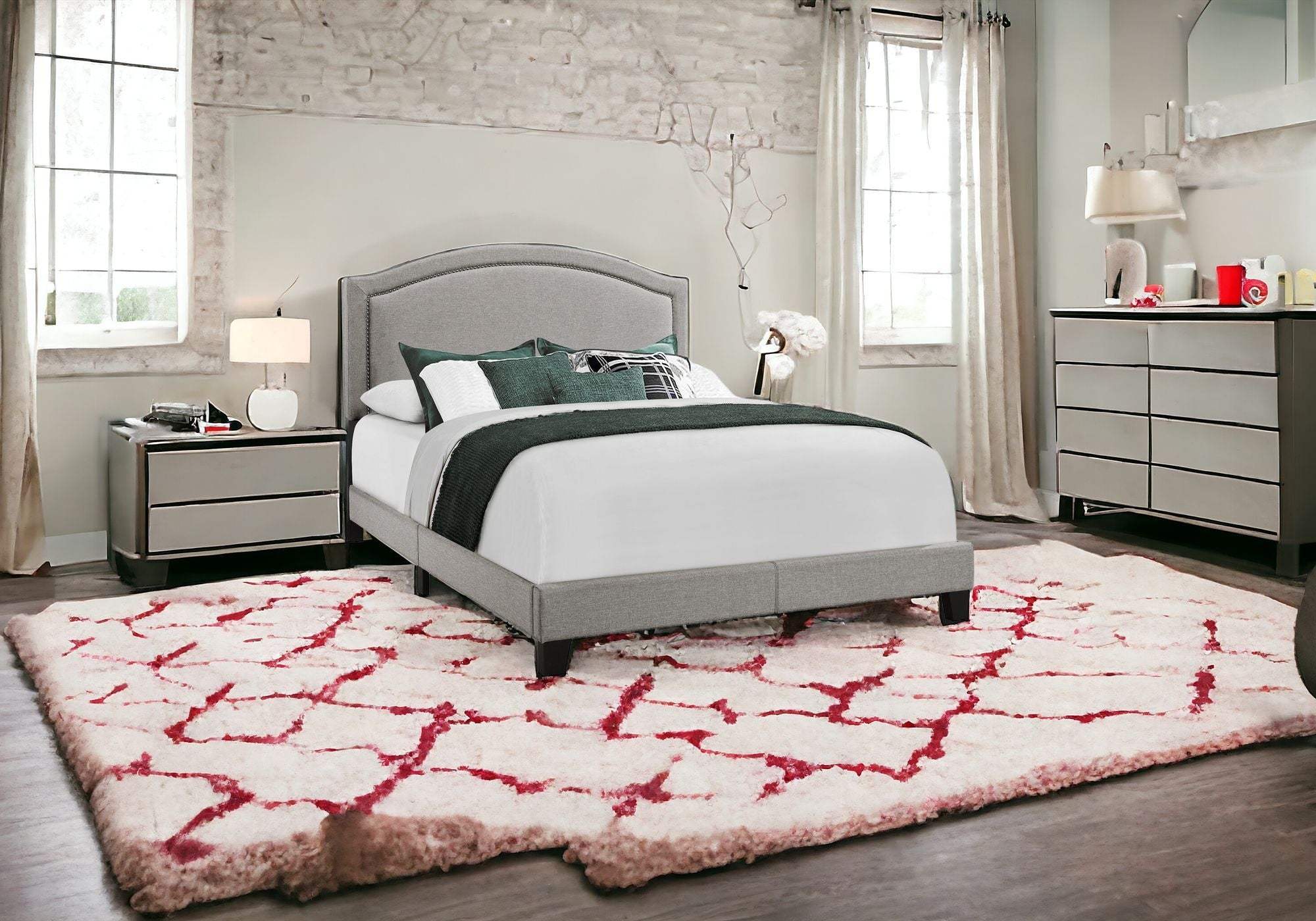 Gray Solid Wood Queen Upholstered Linen Bed Frame with Nailhead Trim - Image 7