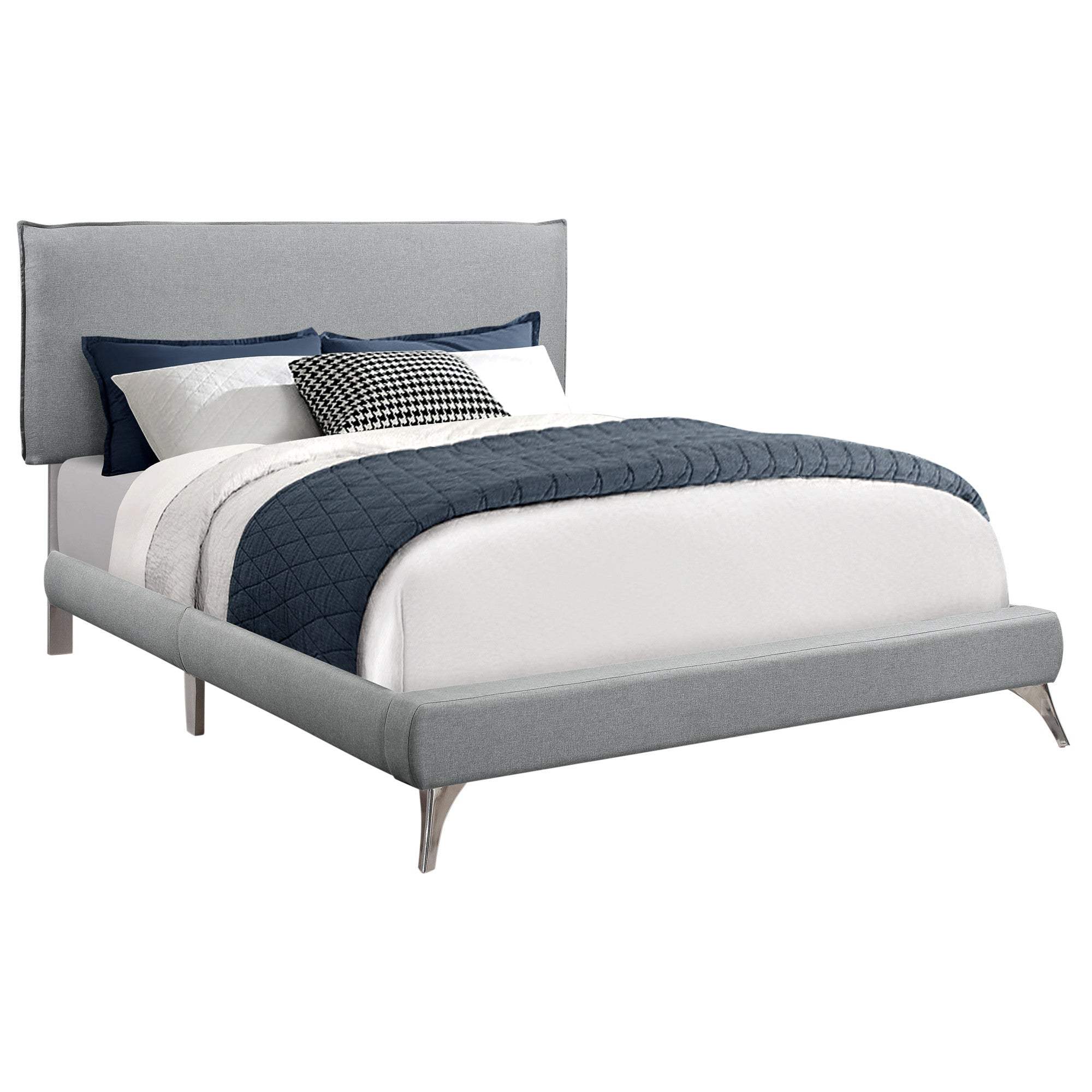 Gray Solid Wood Queen Upholstered Linen Bed Frame with Nailhead Trim - Image 3