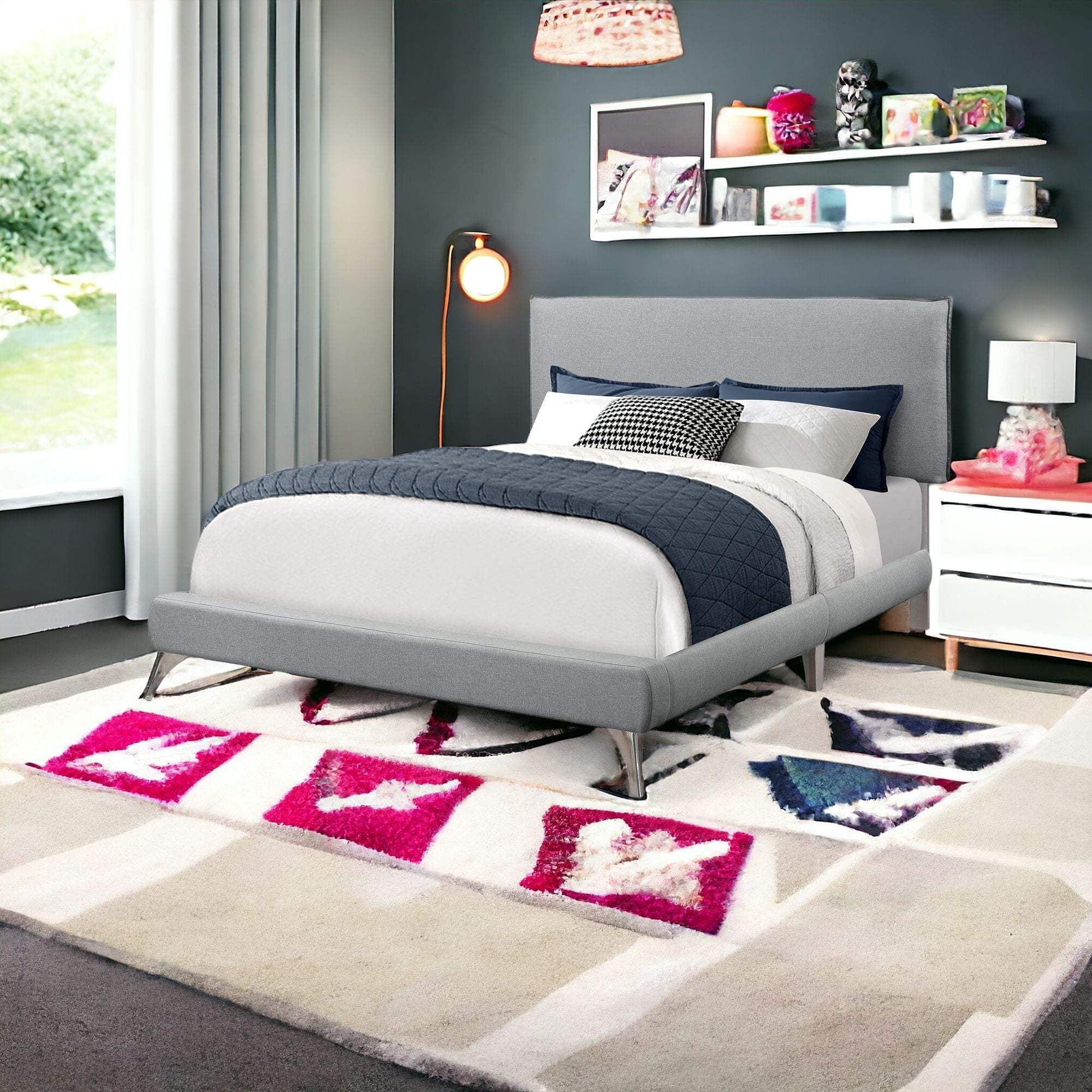 Gray Solid Wood Queen Upholstered Linen Bed Frame with Nailhead Trim - Image 7