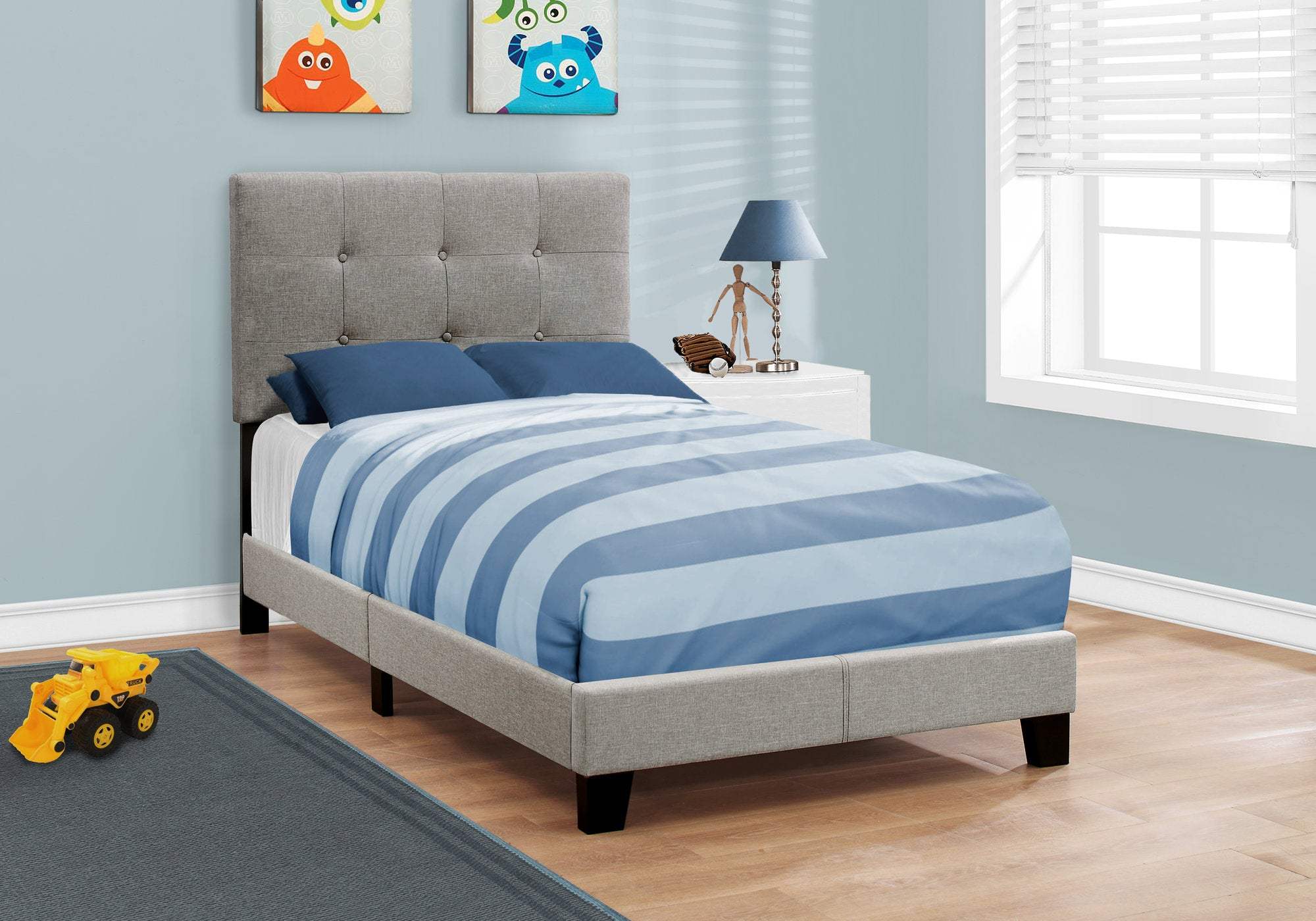Gray Twin Tufted Upholstered Linen Bed Frame with Nailhead Trim - Image 4