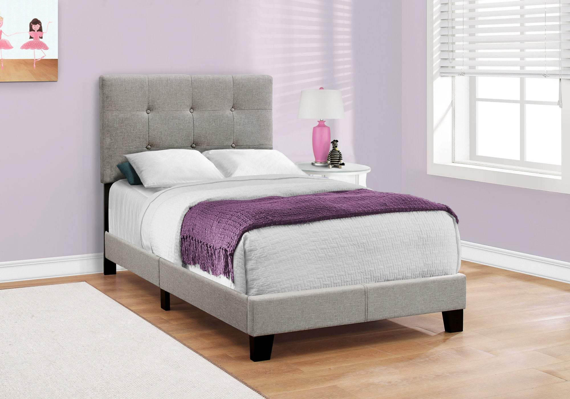 Gray Twin Tufted Upholstered Linen Bed Frame with Nailhead Trim - Image 5
