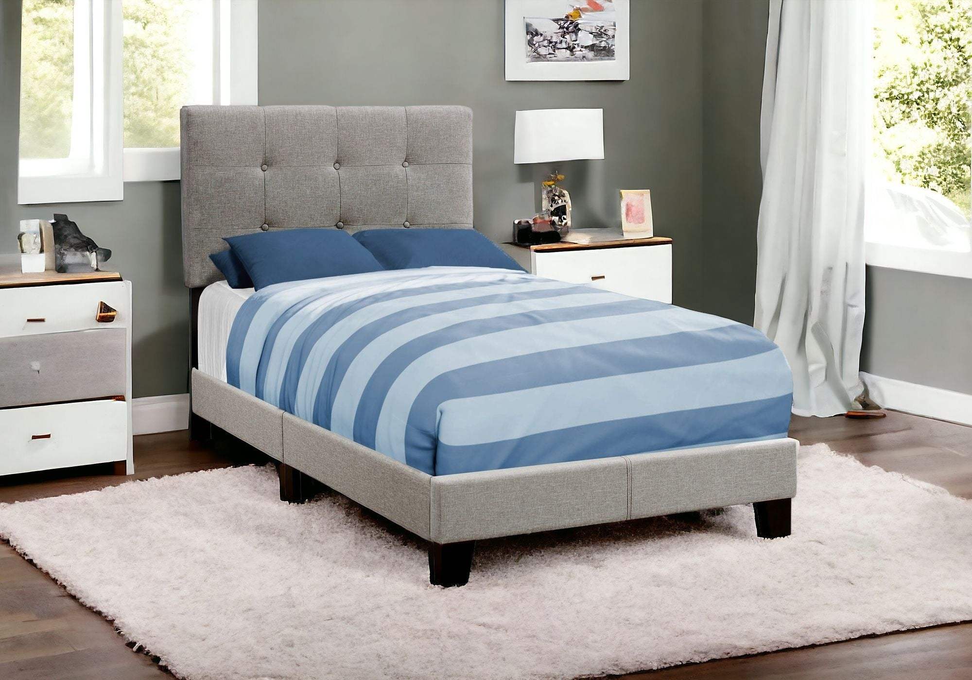 Gray Twin Tufted Upholstered Linen Bed Frame with Nailhead Trim - Image 8