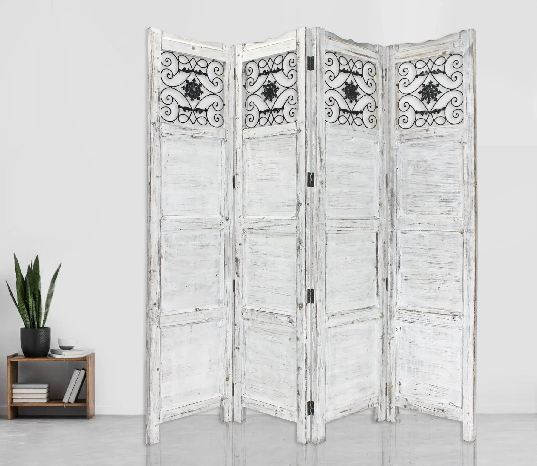 Gray Wash 4 Panel With Scroll Work Room Divider Screen - Image 3